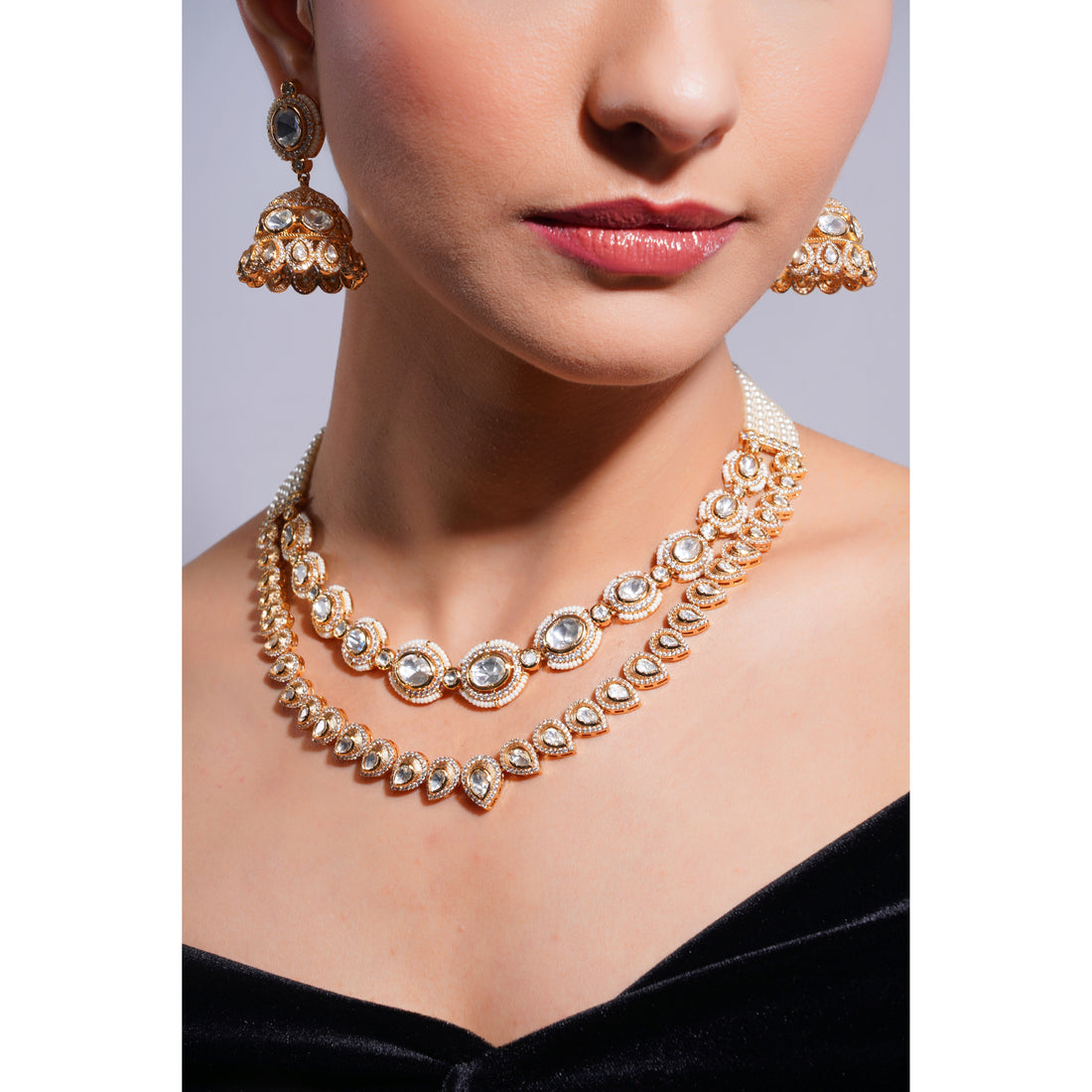 Amaita Demi Fine Ethnic Gold Polki Kundan Layered Statement Necklace