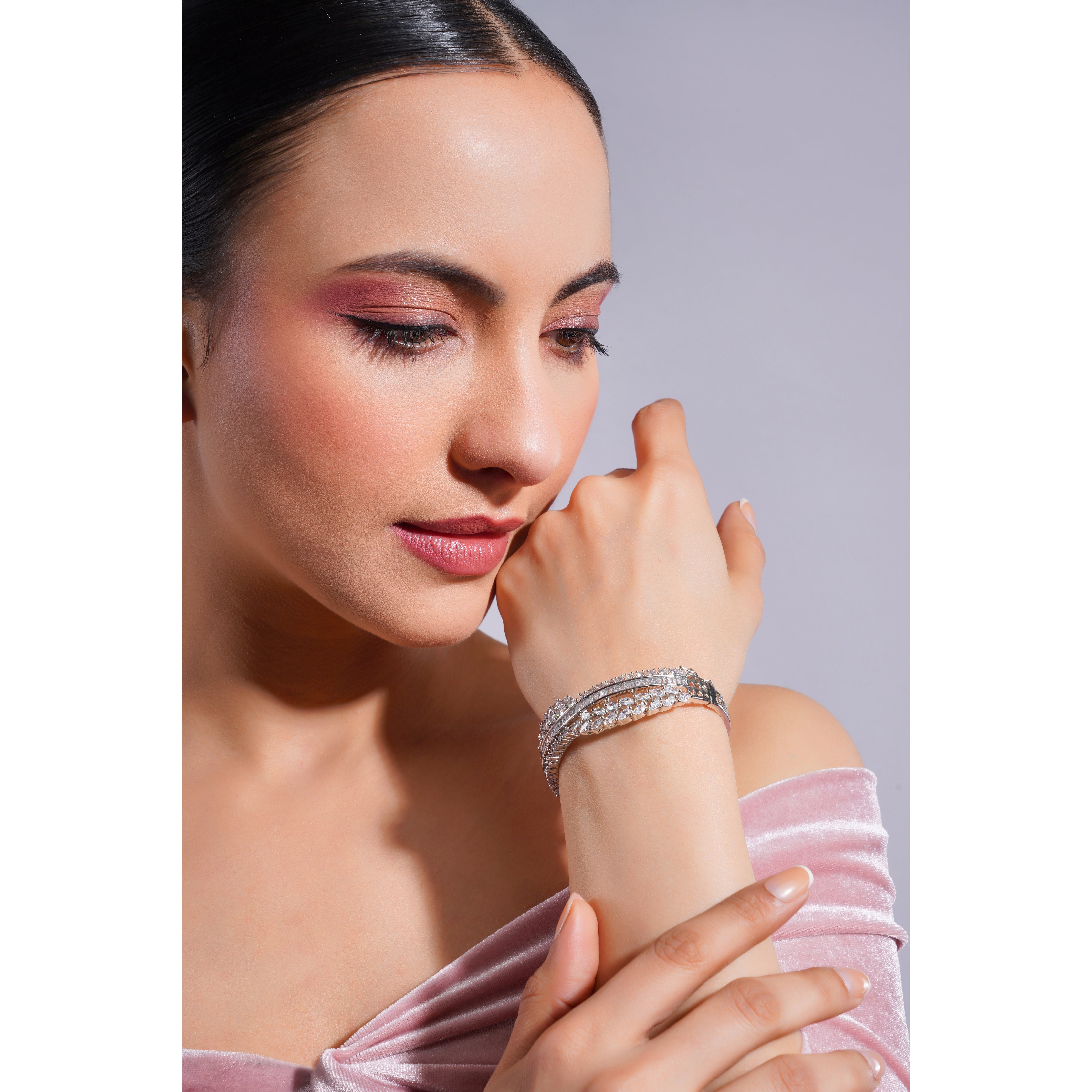Amaita Demi Fine AD All-White Diamond Layered Bracelet Set in Platinum Finish
