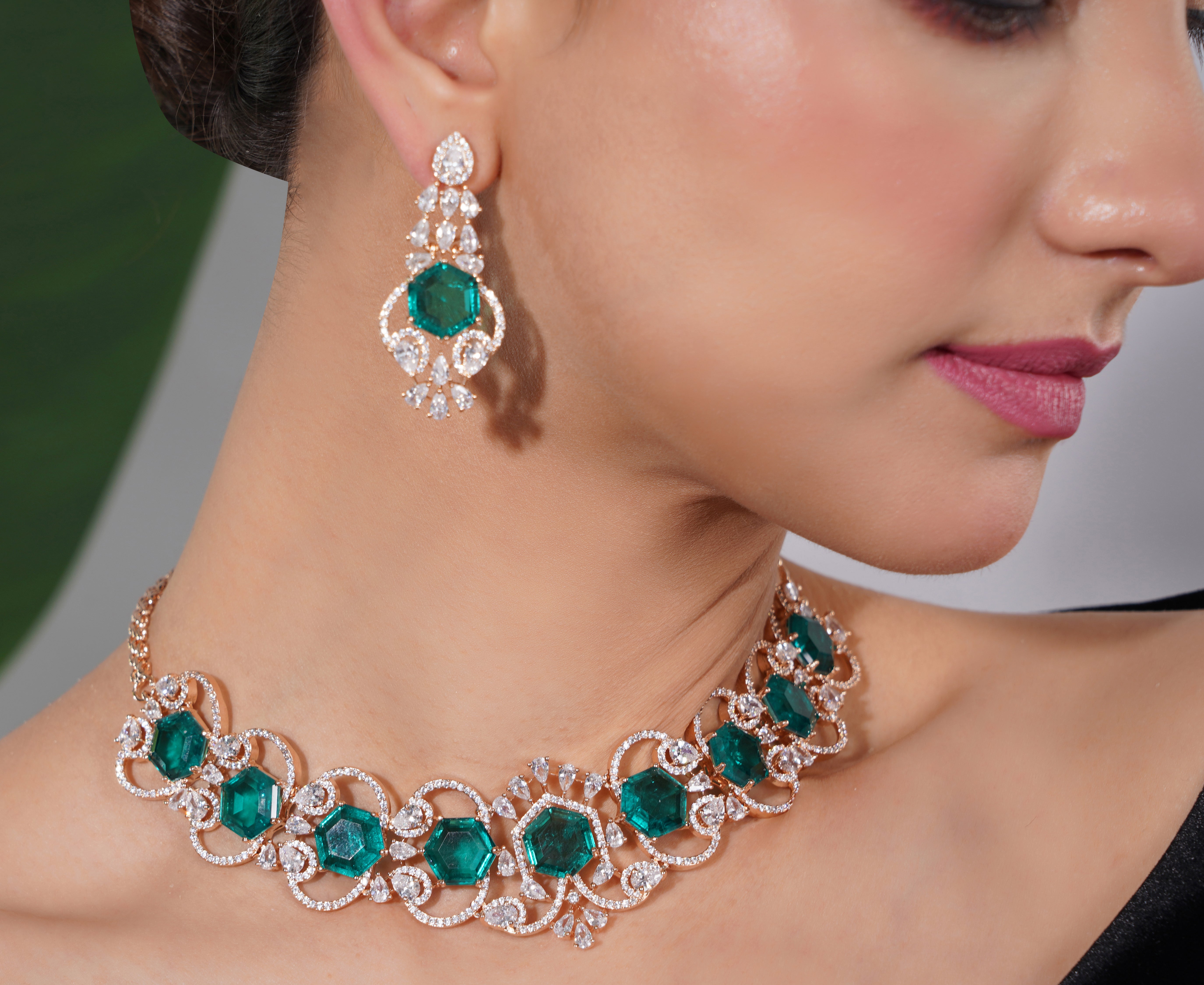 Amaita American Diamond Emerald Choker Necklace and Earring Set