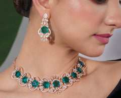 Amaita American Diamond Emerald Choker Necklace and Earring Set