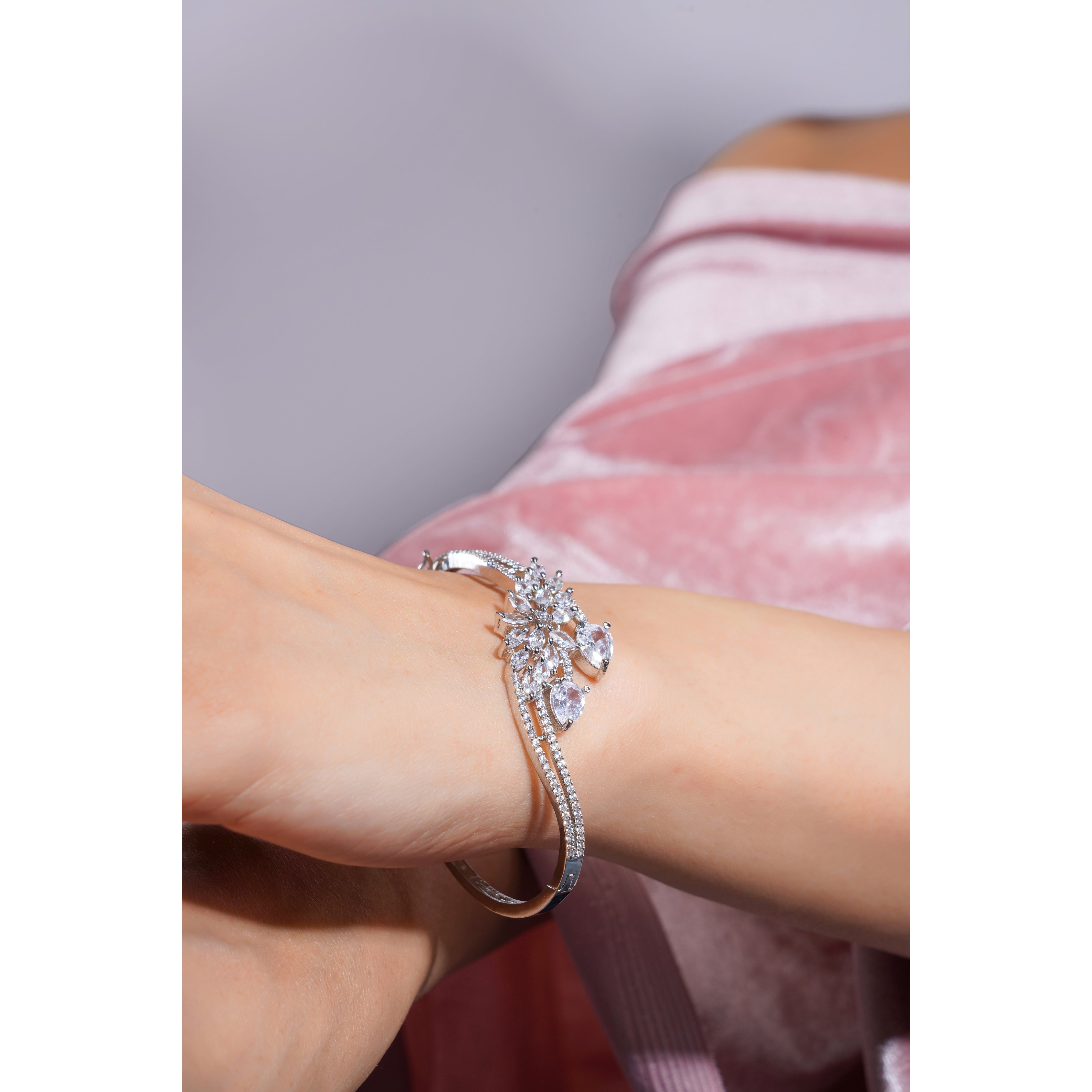 Amaita Demi Fine AD Floral Burst Pear Drop Bracelet in Platinum Finish