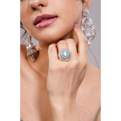 Amaita Platinum Polish AD Mint Green Oval Stone Sunburst Cocktail Ring