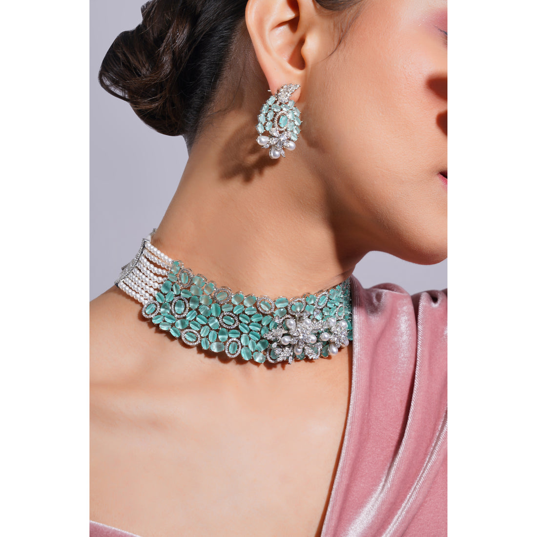 Amaita Demi Fine Platinum Polish AD Turquoise Stone Pearl Strand Choker Necklace Earring Set
