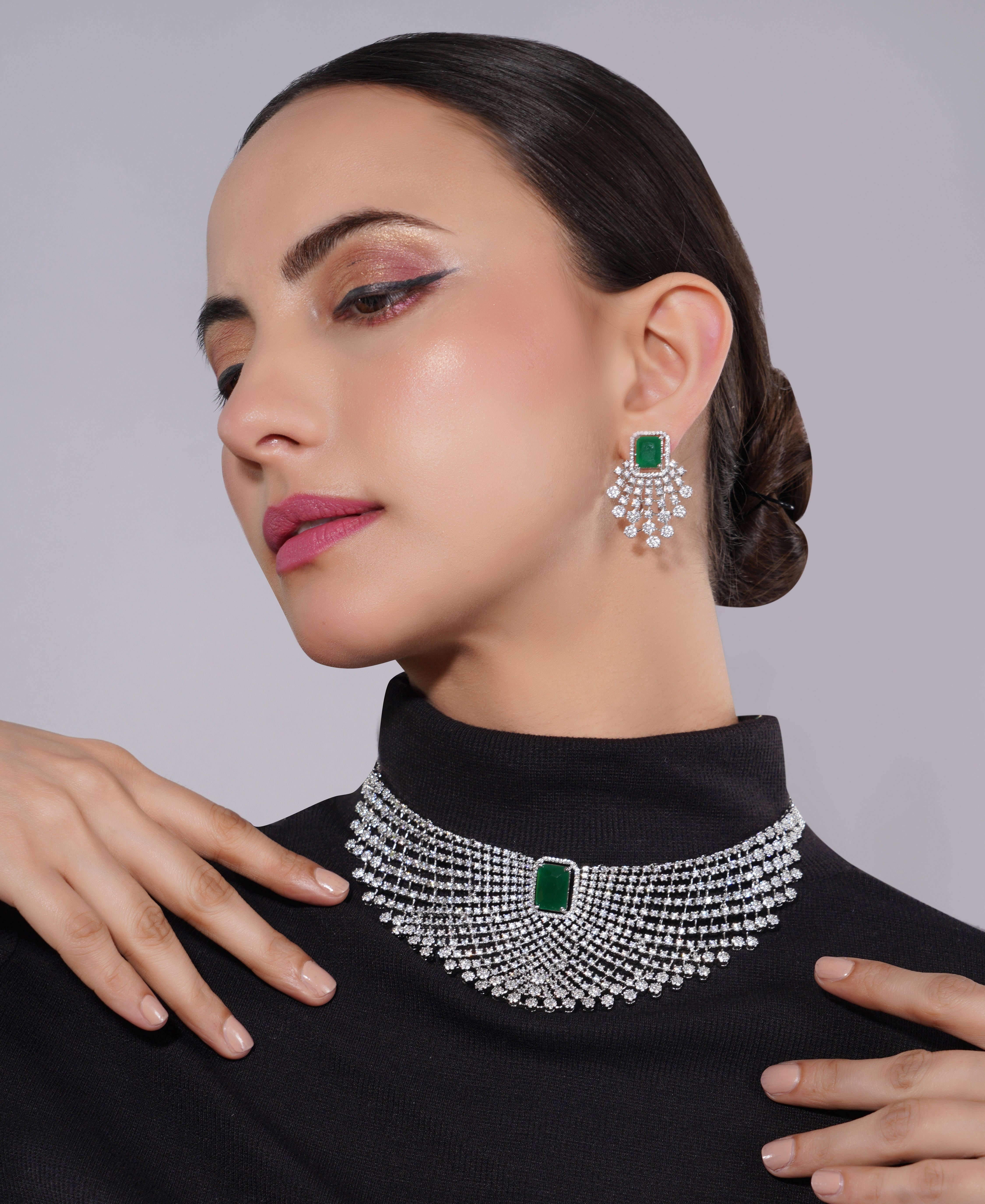 Amaita American Diamond Emerald Choker Necklace Set