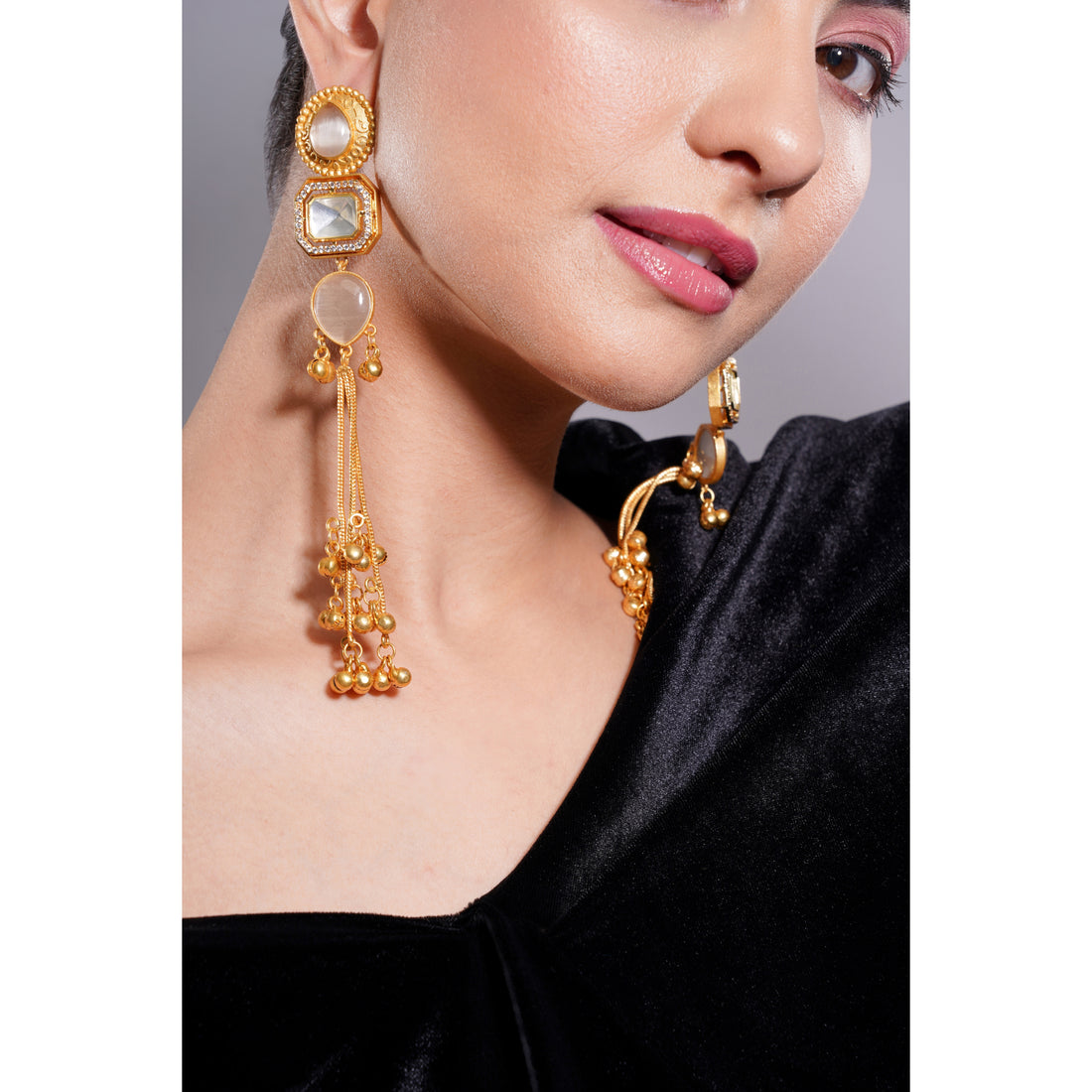 Amaita Gold Finish Kashmiri Mirror Stone Earrings