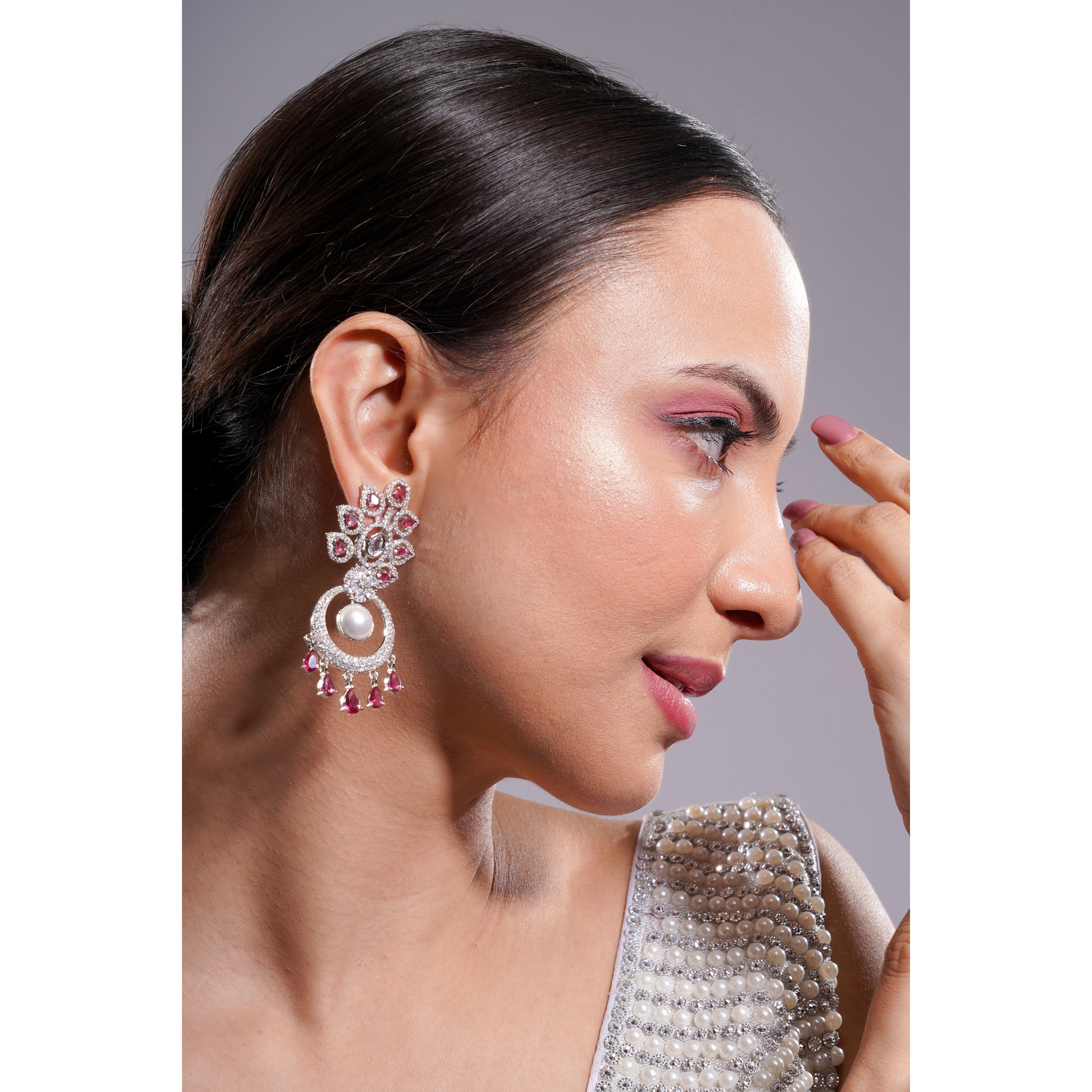 Amaita Silver Tone AD Pink Stone Pearl Chandbali Drop Earrings
