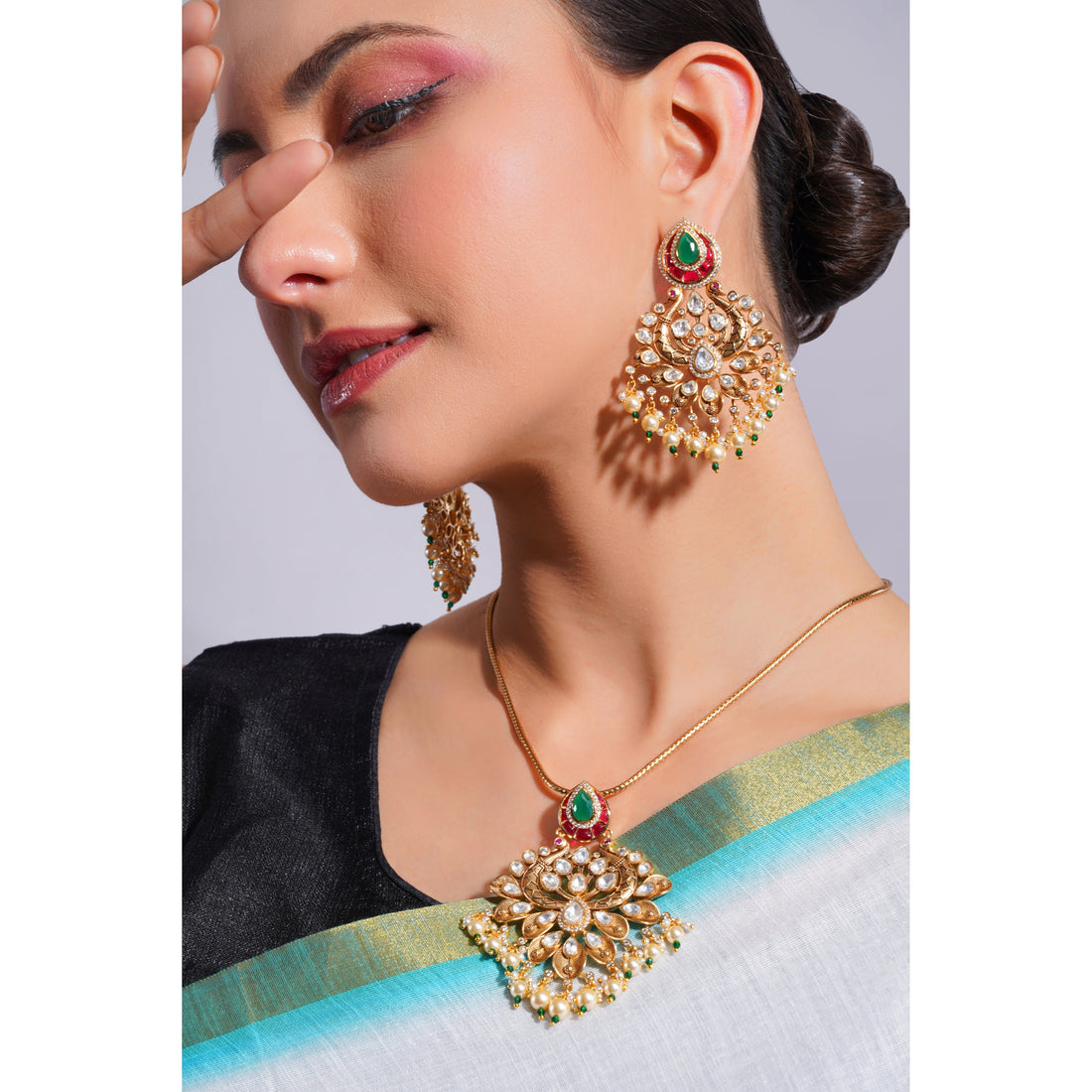 Amaita Demi Fine Ethnic Polki Emerald Ruby Stone Gold Chain Pendant Chandbali Set