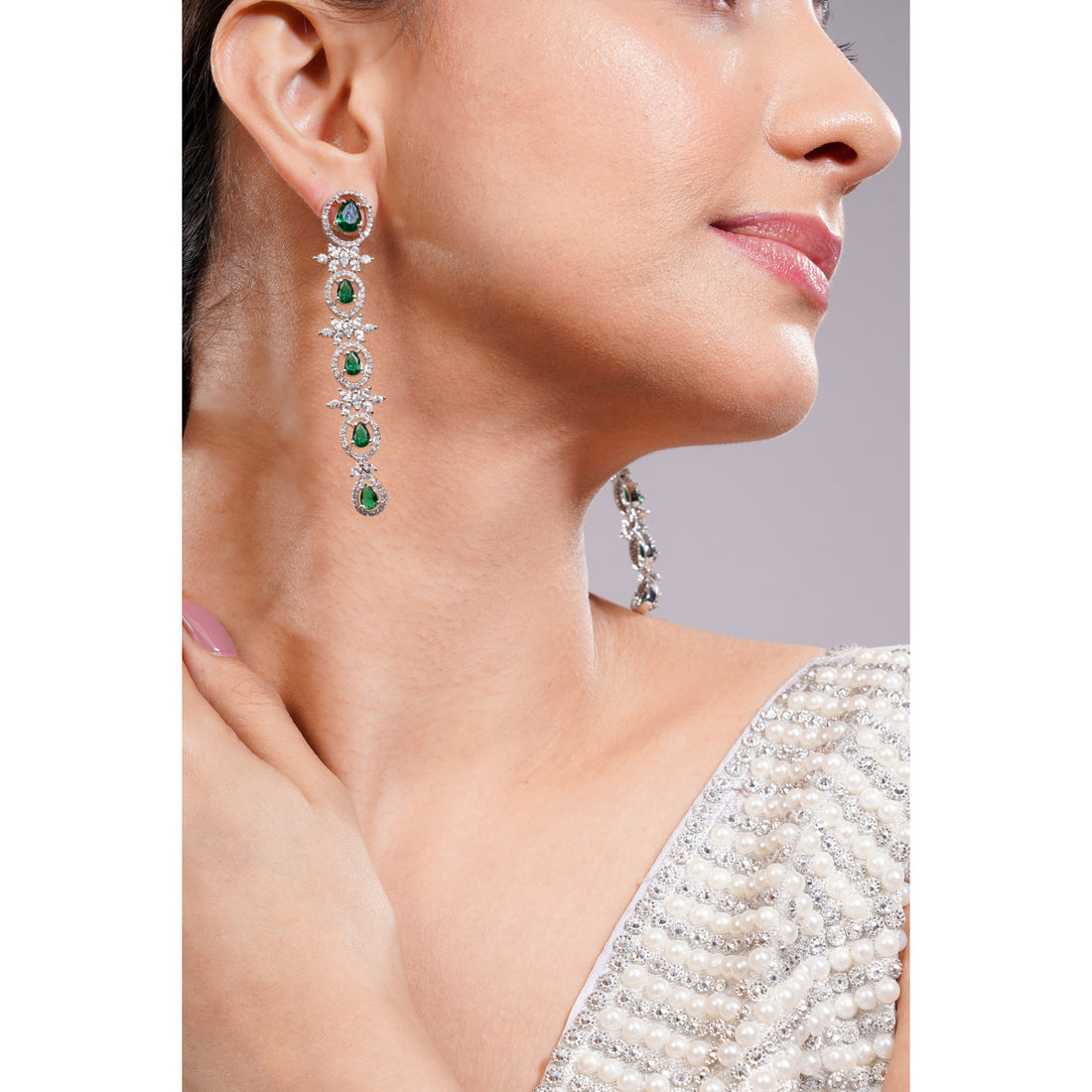 Amaita Silver Tone AD Deep Emerald Oval Linear Drop Earrings