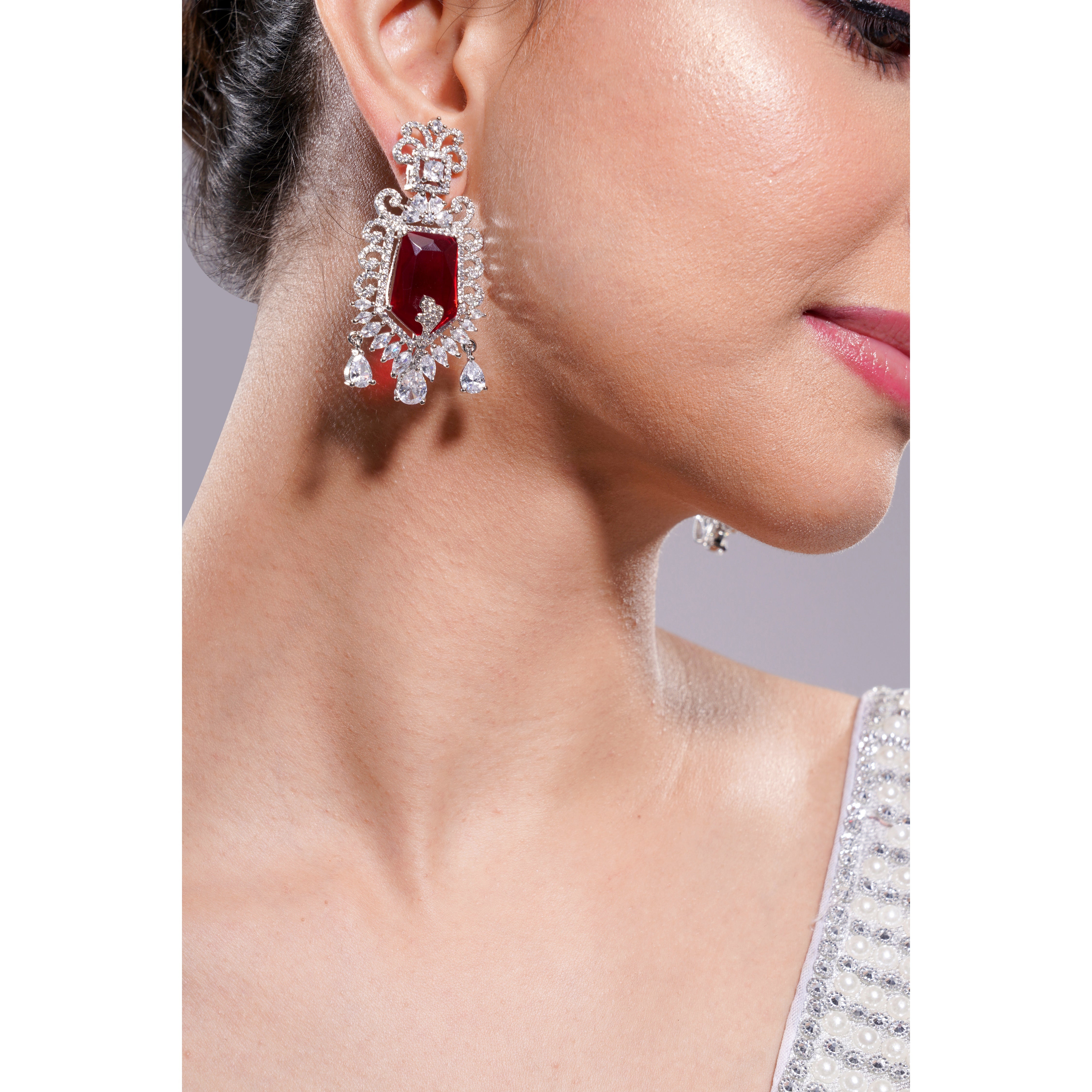 Amaita American Diamond Ruby Shield Drop Earrings