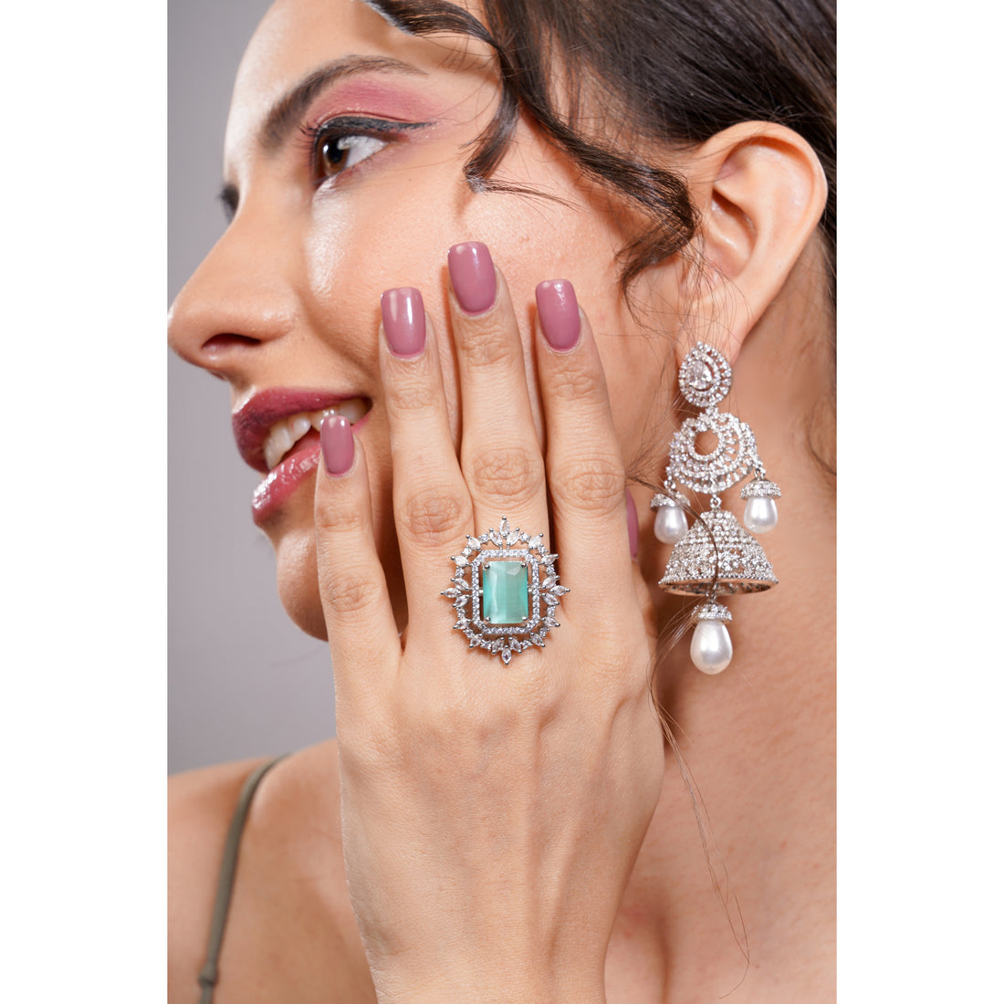 Amaita American Diamond Mint Green Emerald Cut Halo Cocktail