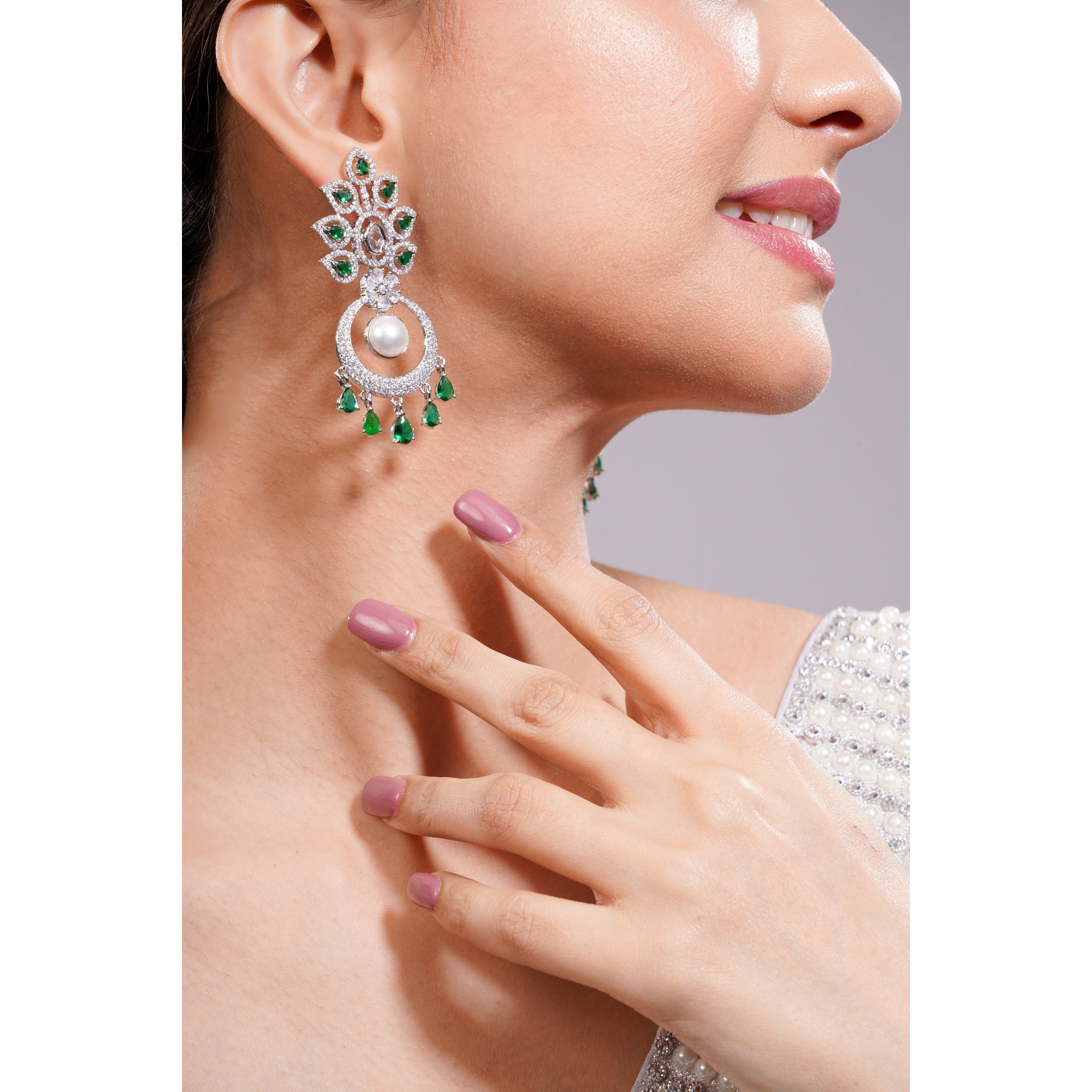 Amaita Silver Tone AD Emerald Green Stone Pearl Chandbali Drop