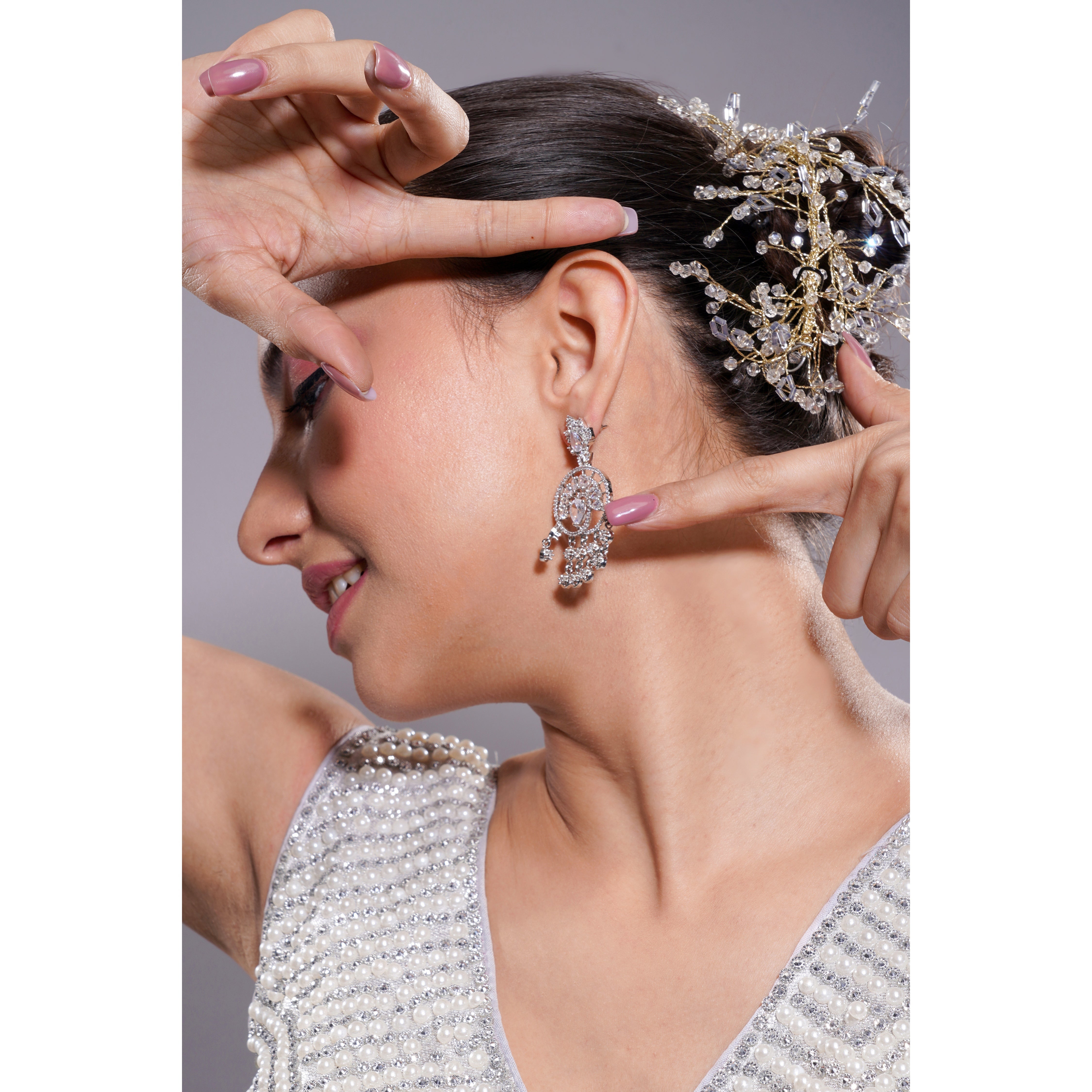 Amaita AD Pear Stone Tassel Drop Earrings in Silver Finish