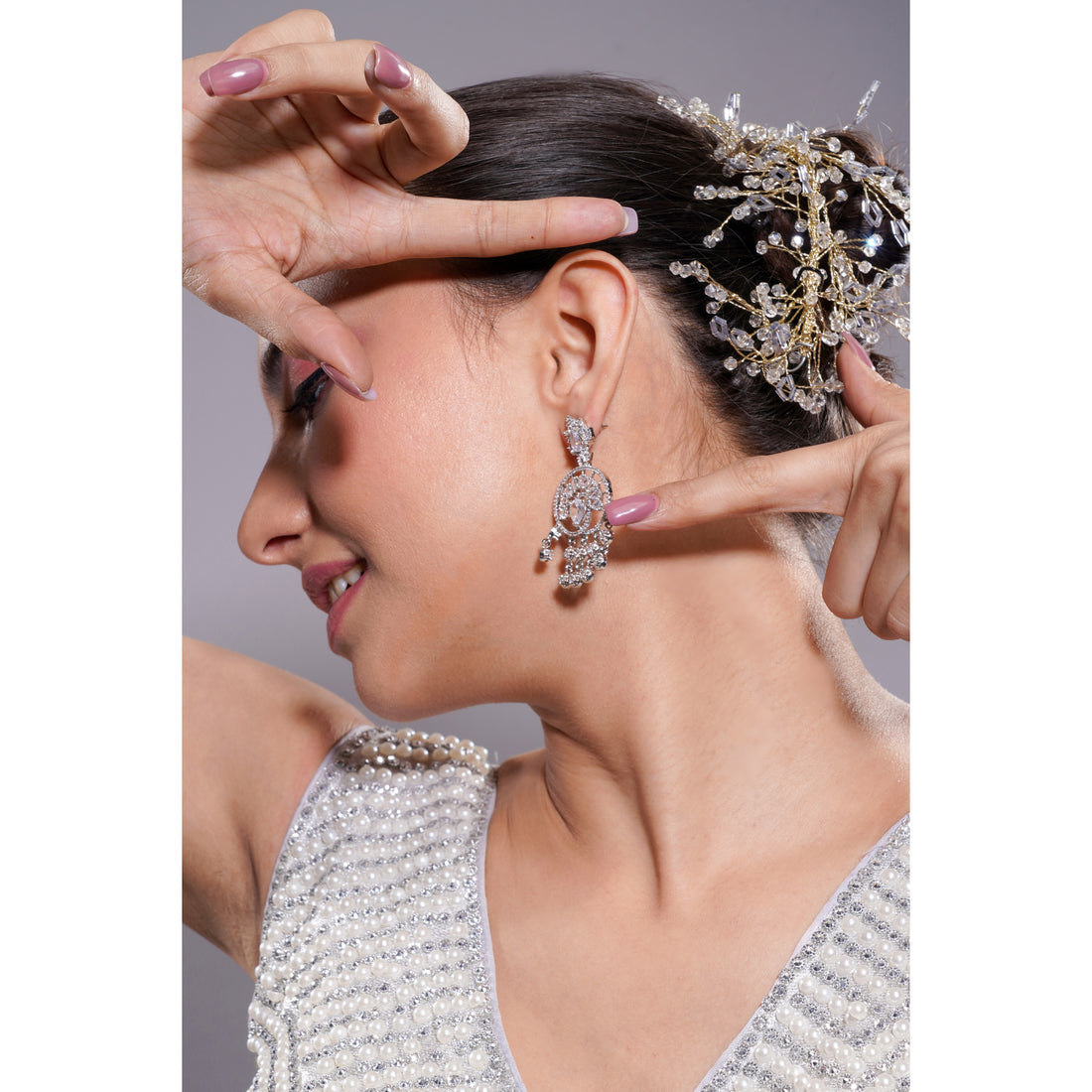 Amaita AD Pear Stone Tassel Drop Earrings in Silver Finish