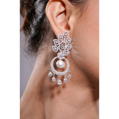 Amaita Silver Tone AD Floral Pearl Chandbali Drop Earrings