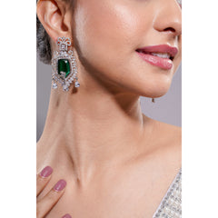 Amaita Silver Tone AD Deep Emerald Shield Drop Earrings