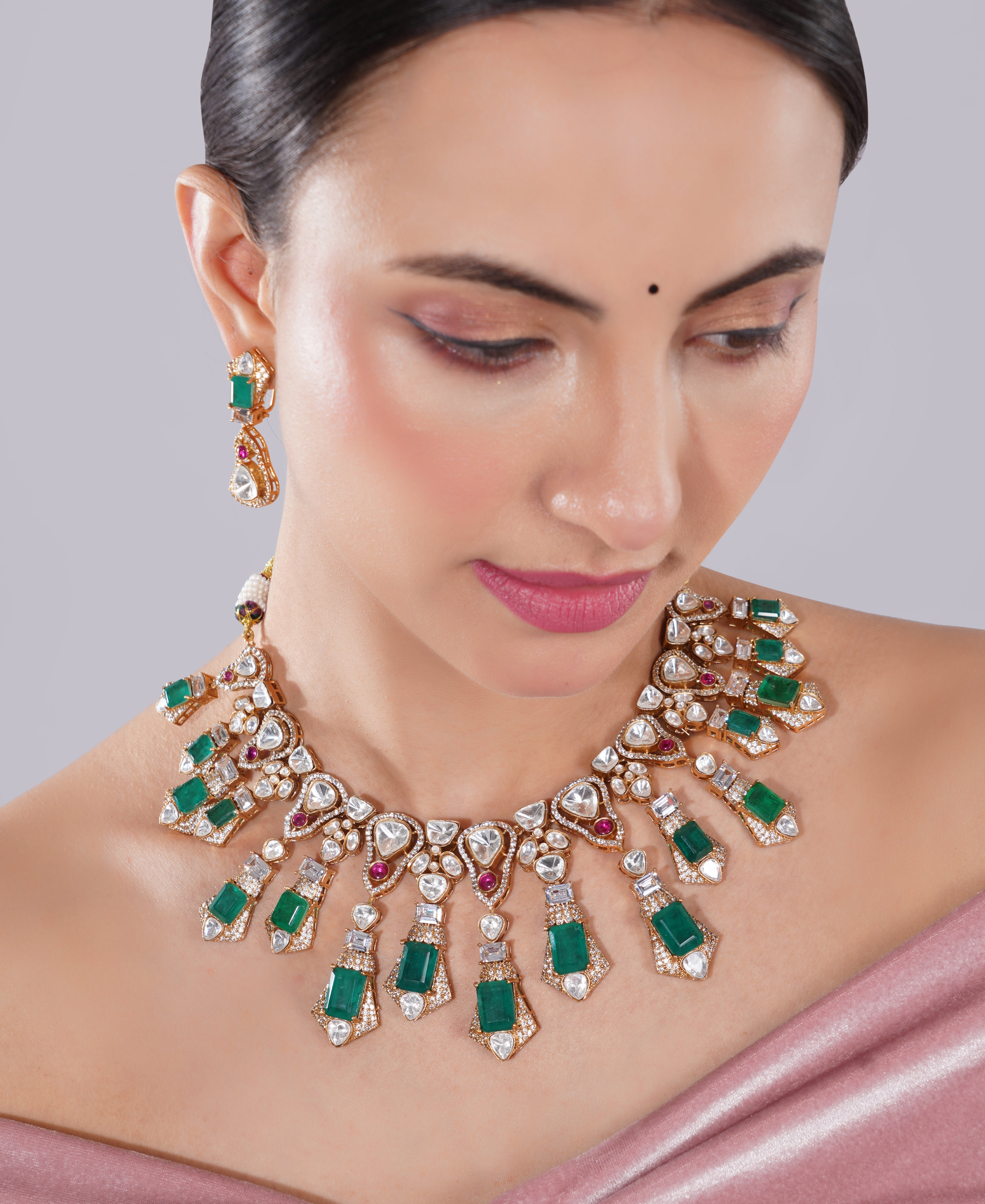 Amaita AD Polki Emerald Rose Gold Statement Necklace Set