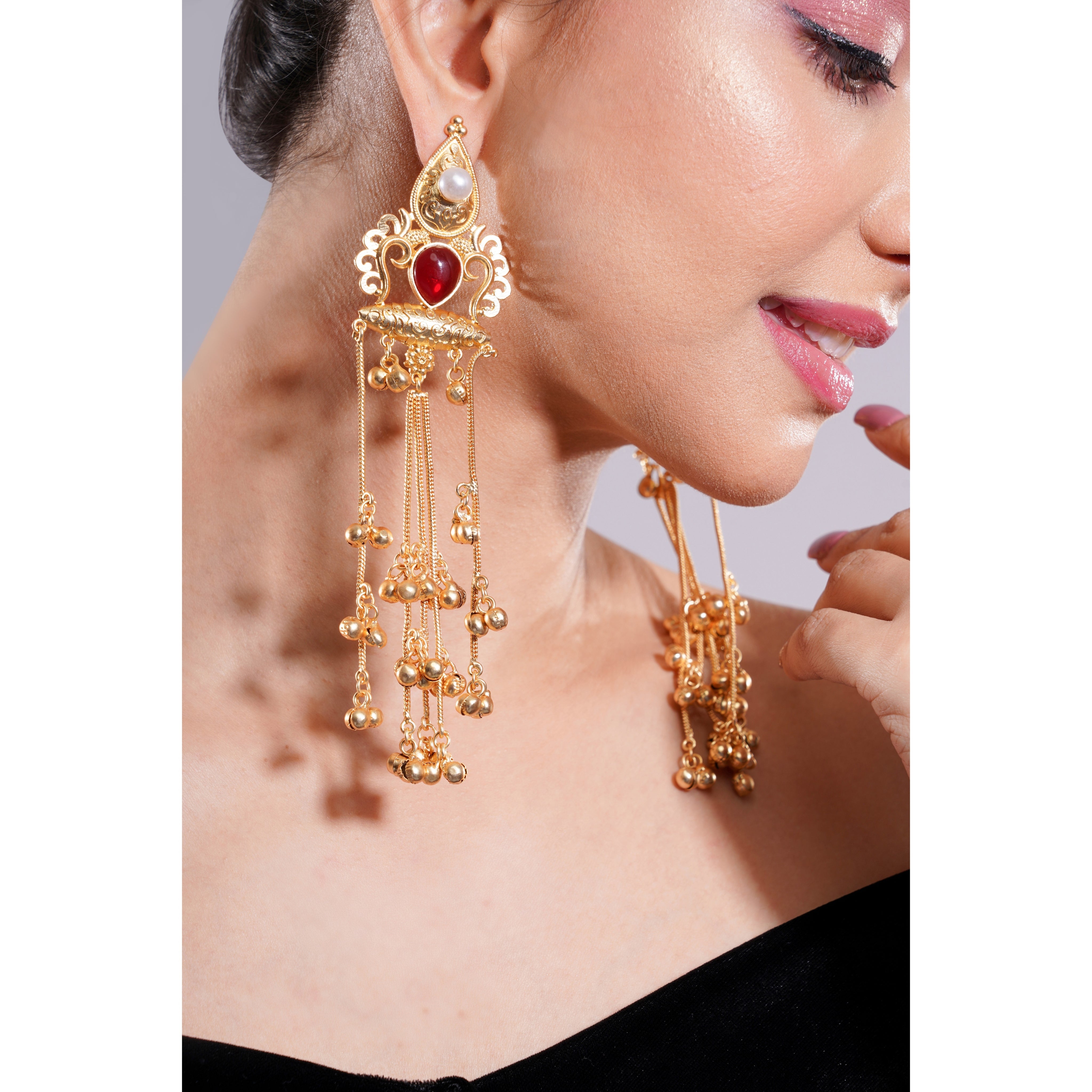 Amaita Kashmiri Red Stone Long Dangling Earrings