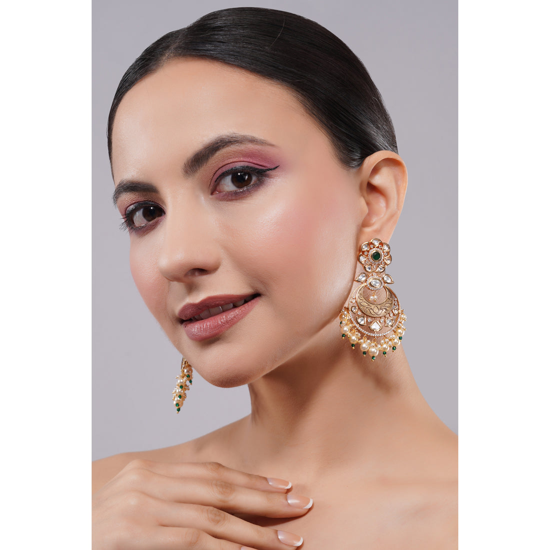 Amaita Demi Fine Ethnic Polki kundan Pearl Drop Chandbali Earrings in Gold Finish
