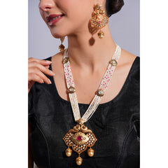 Amaita Demi Fine Ethnic Polki Kundan Multi Strand Pearl Ruby Pendant Necklace Set