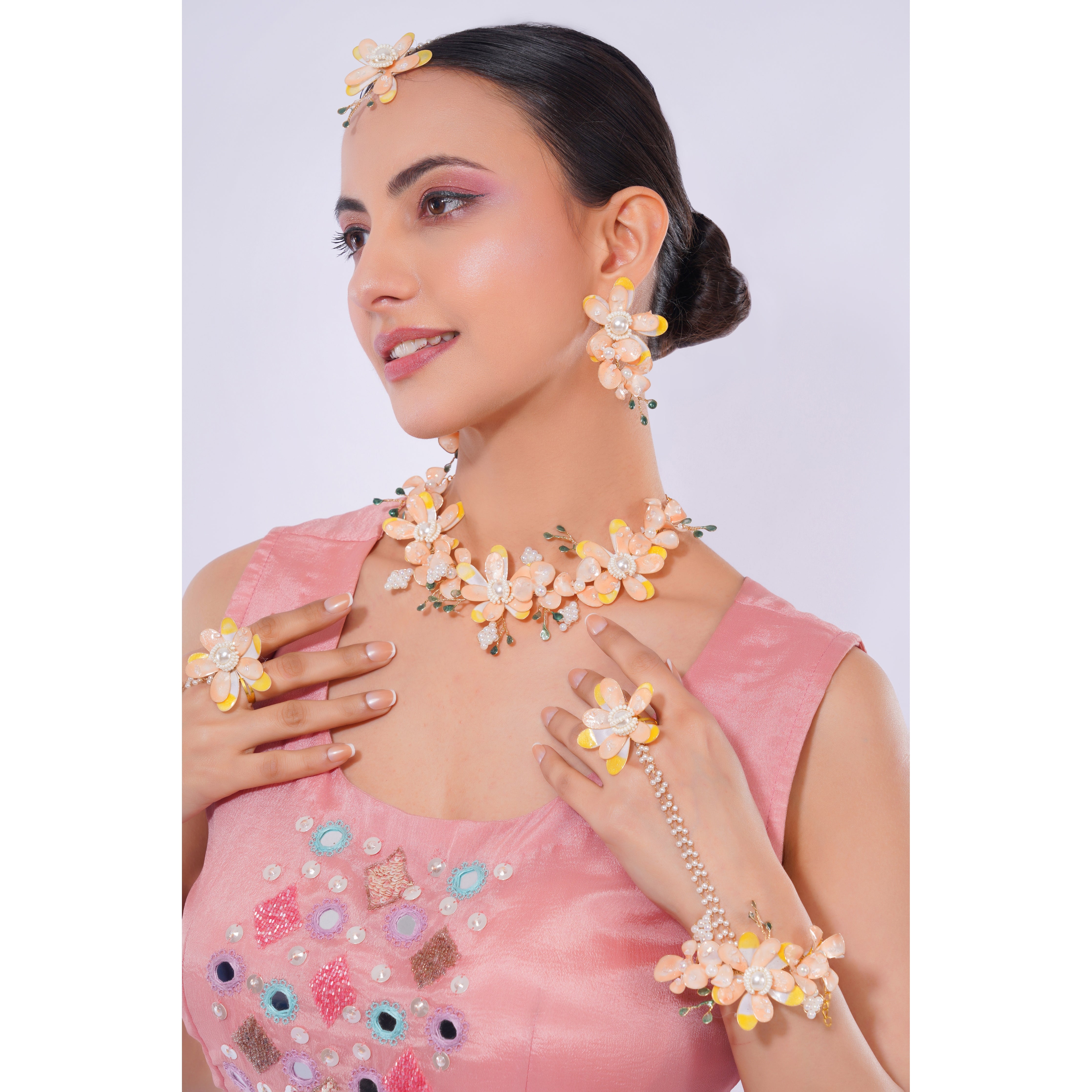 Amaita Demi Fine Peach Floral Enamel Statement Jewellery Set with Hand Harness