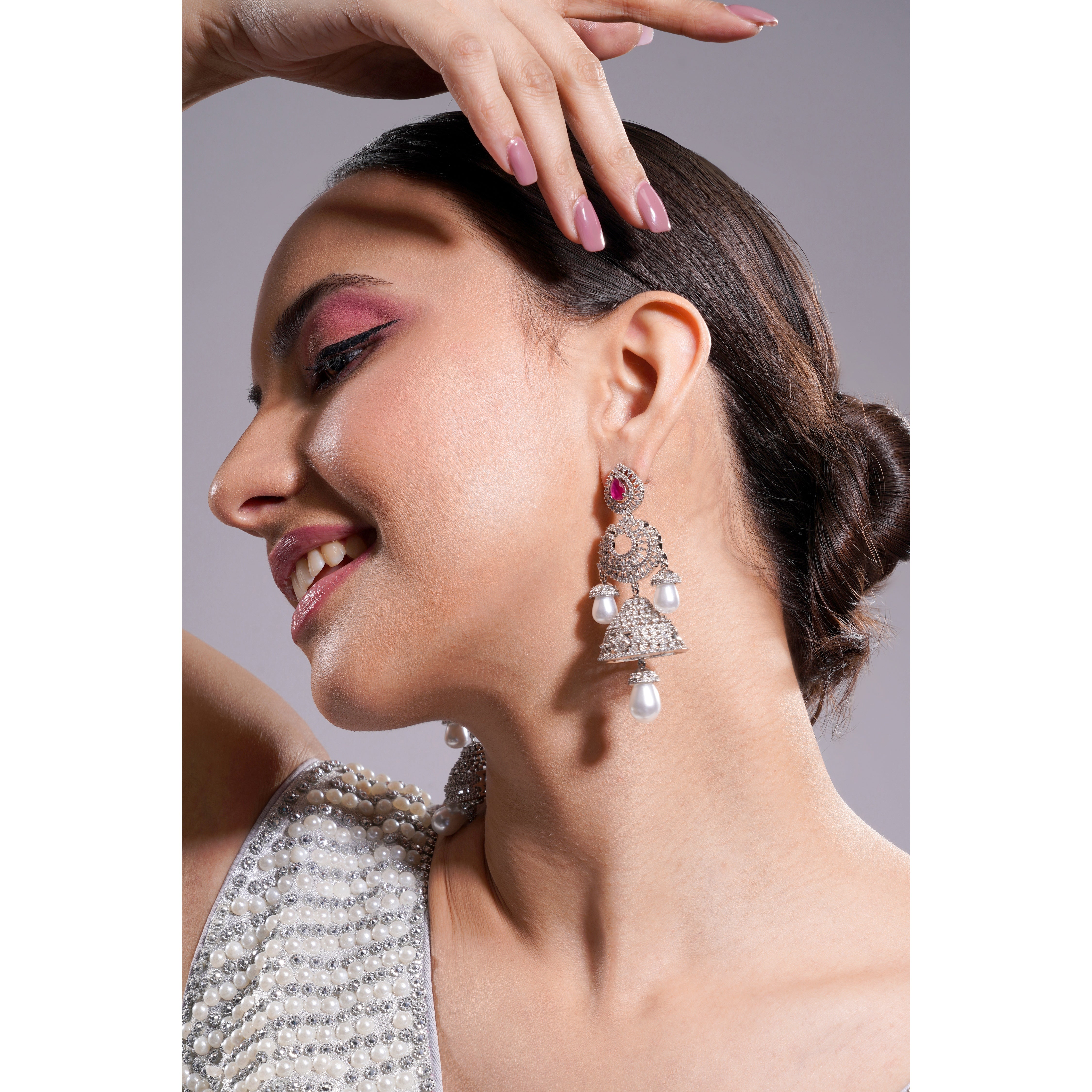 Amaita AD Grand Layered Jhumka Earrings with Ruby Top Stone