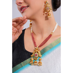 Amaita Demi Fine Ethnic Polki Ruby Red Bead Strand Jhumka Pendant Chandbali Necklace Set