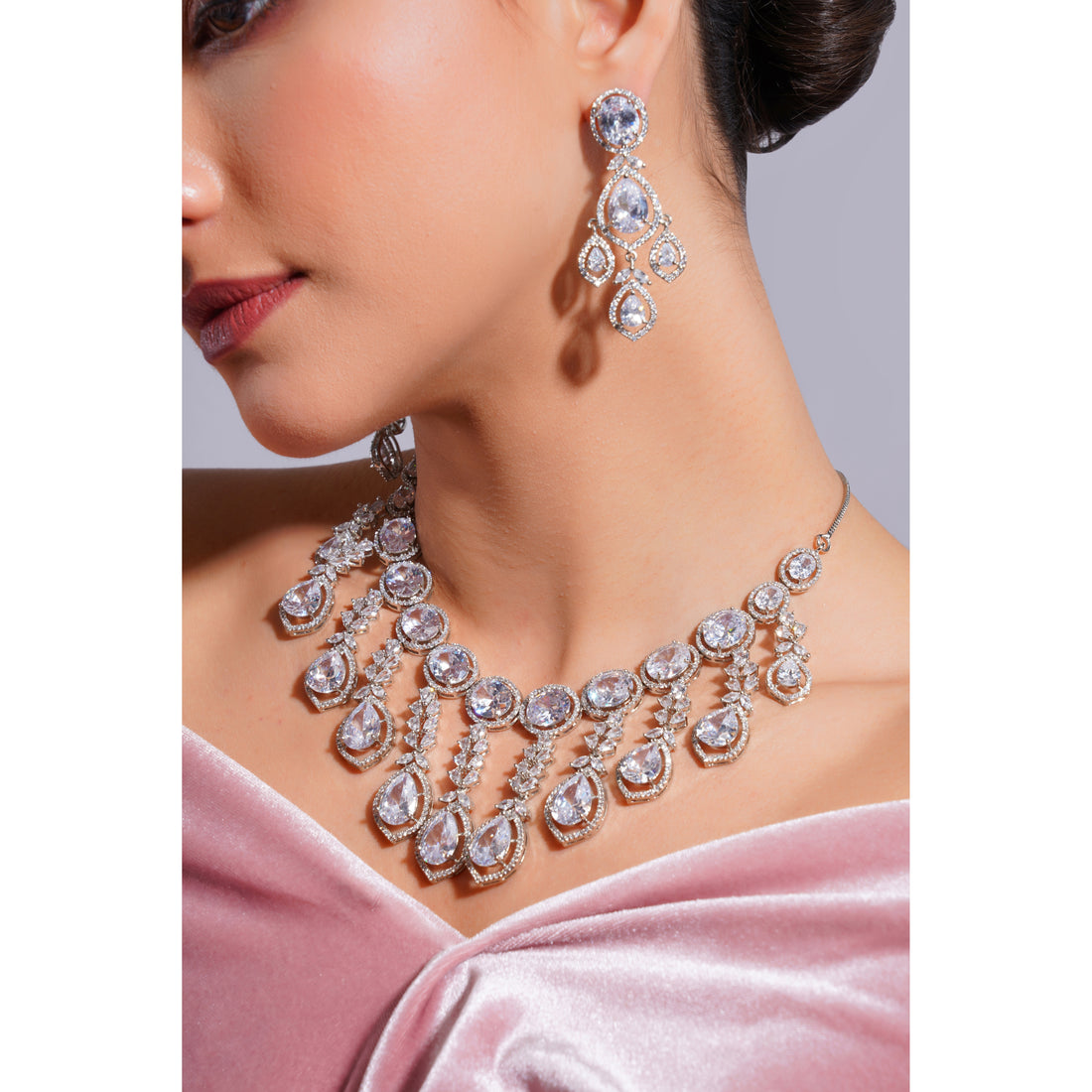 Amaita Demi Fine Platinum Polish AD Pear Stone Chandelier Fringe Necklace Earring Set