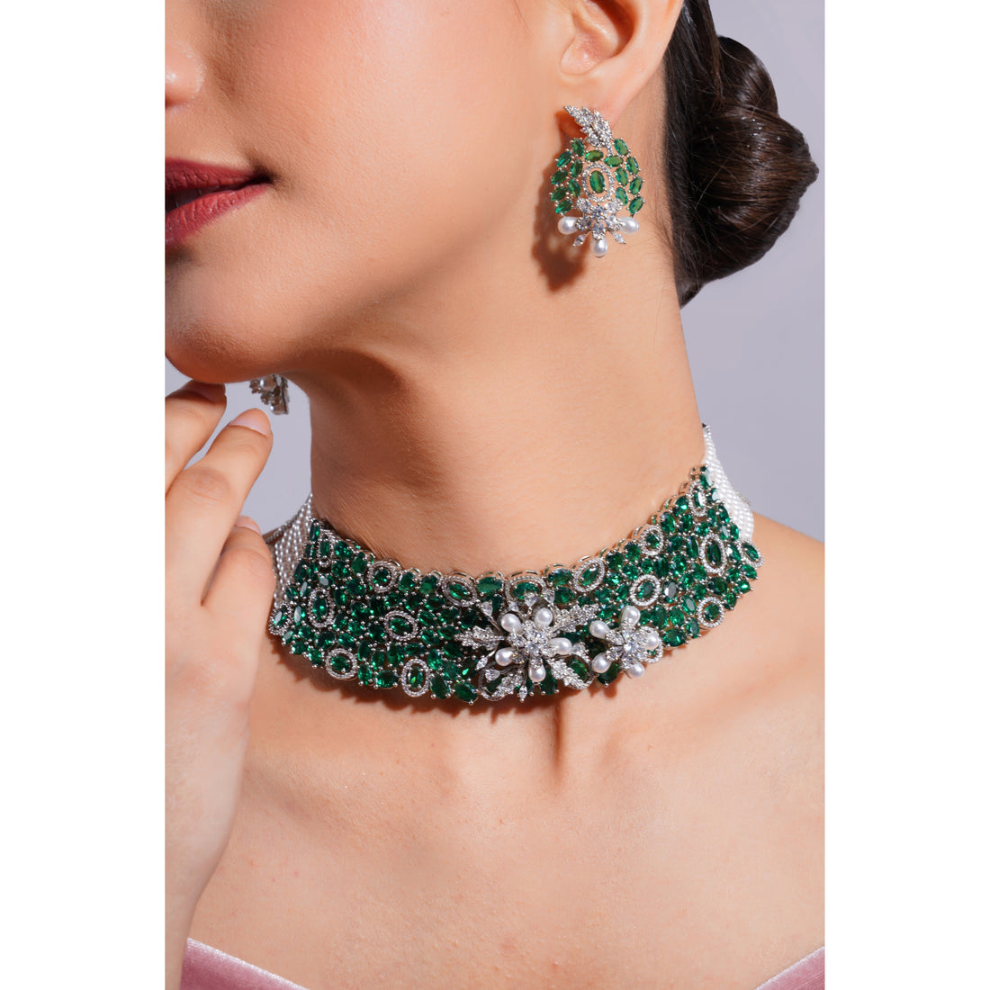 Amaita Demi Fine American Diamond Emerald Green Stone Broad Choker Jewellery Set