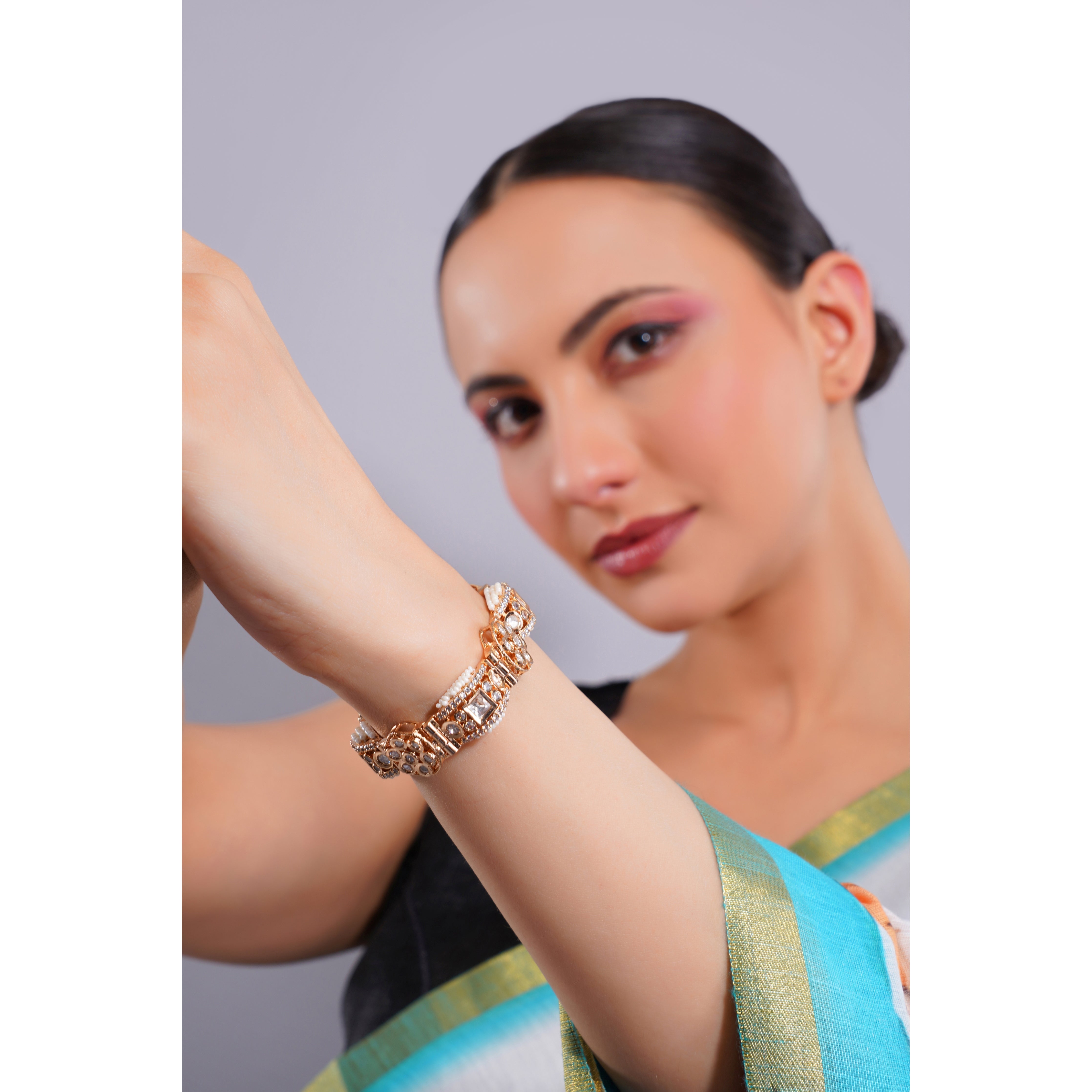 Amaita Demi Fine Ethnic Polki Kundan Gold Textured Dome Cuff Bracelet