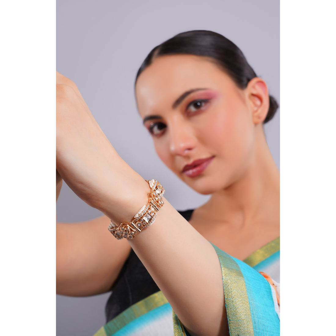 Amaita Demi Fine Ethnic Polki Kundan Gold Textured Dome Cuff Bracelet