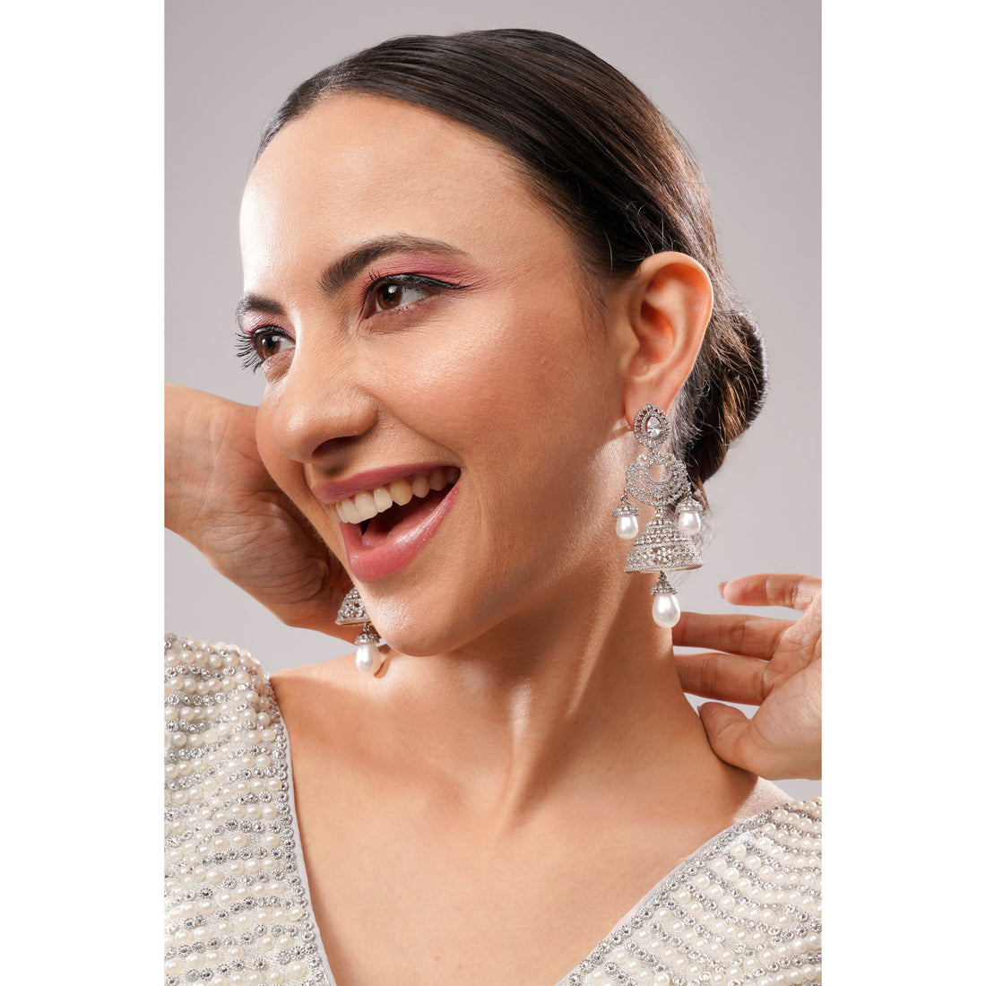 Amaita AD Chandbali Double Jhumka Earrings in Platinum Polish