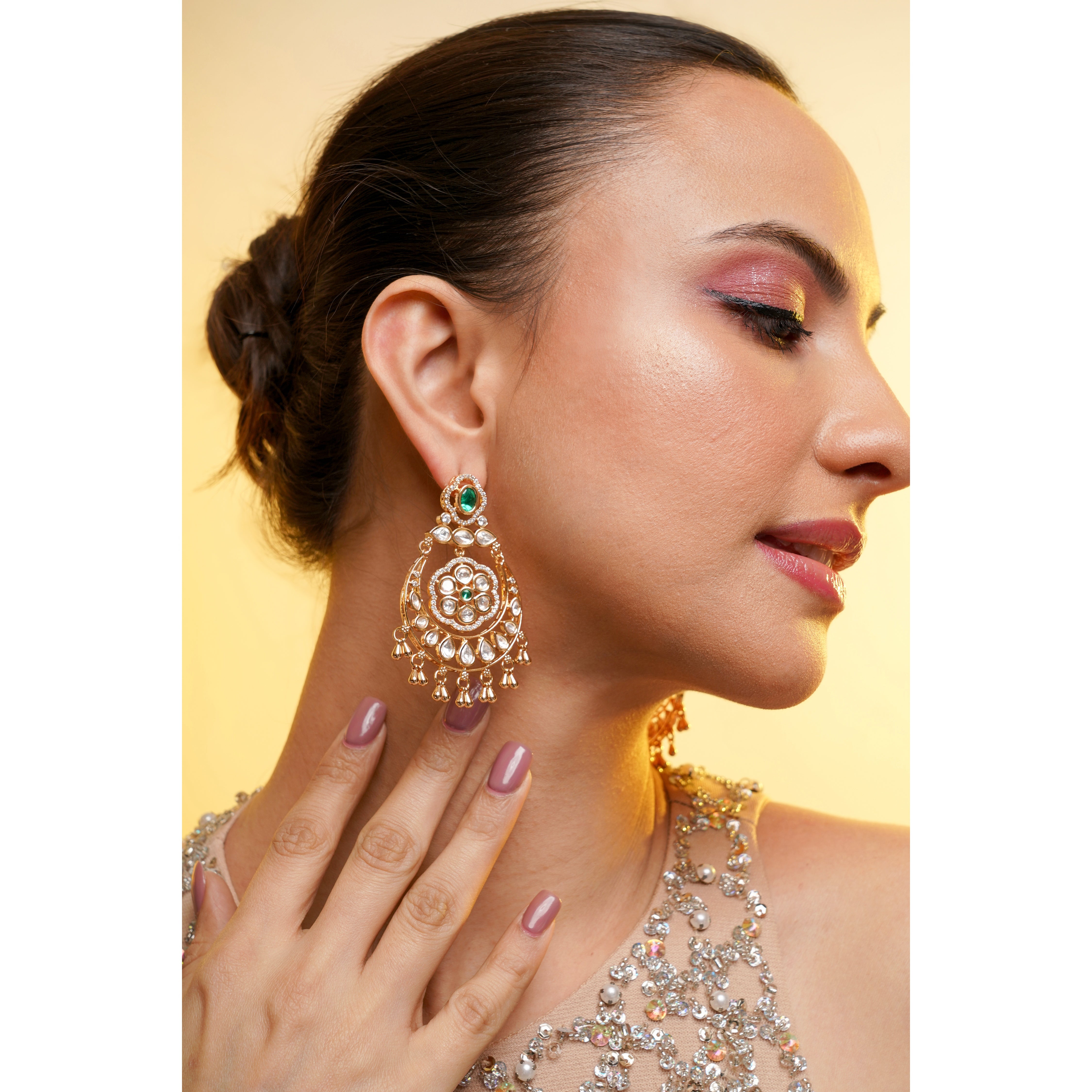 Amaita Gold Polki Emerald Chandbali Earrings