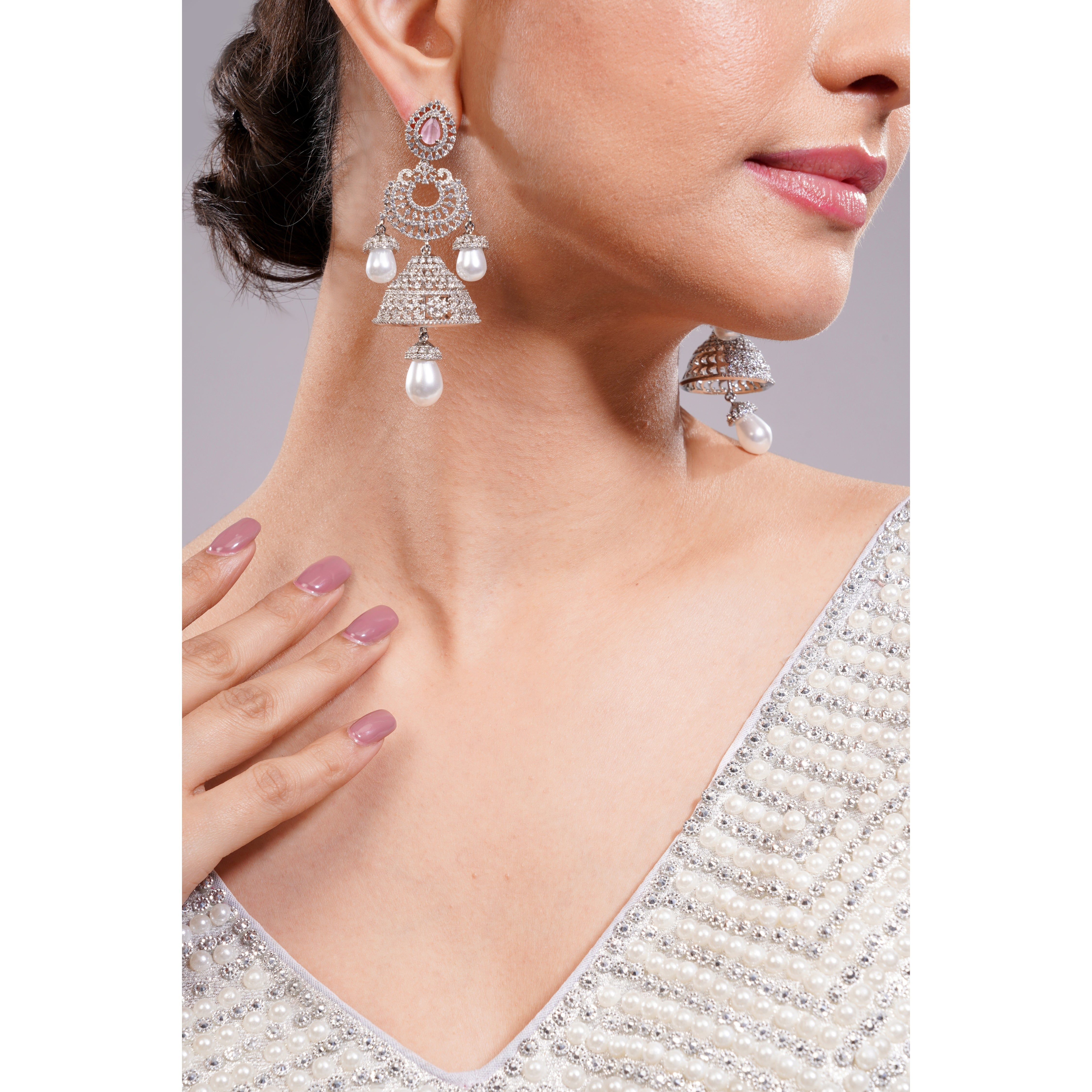 Amaita Silver Tone AD Blush Pink Stone Layered Jhumka Pearl Drop