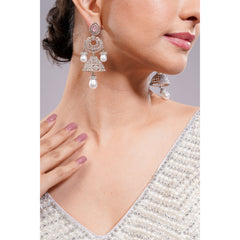 Amaita Silver Tone AD Blush Pink Stone Layered Jhumka Pearl Drop