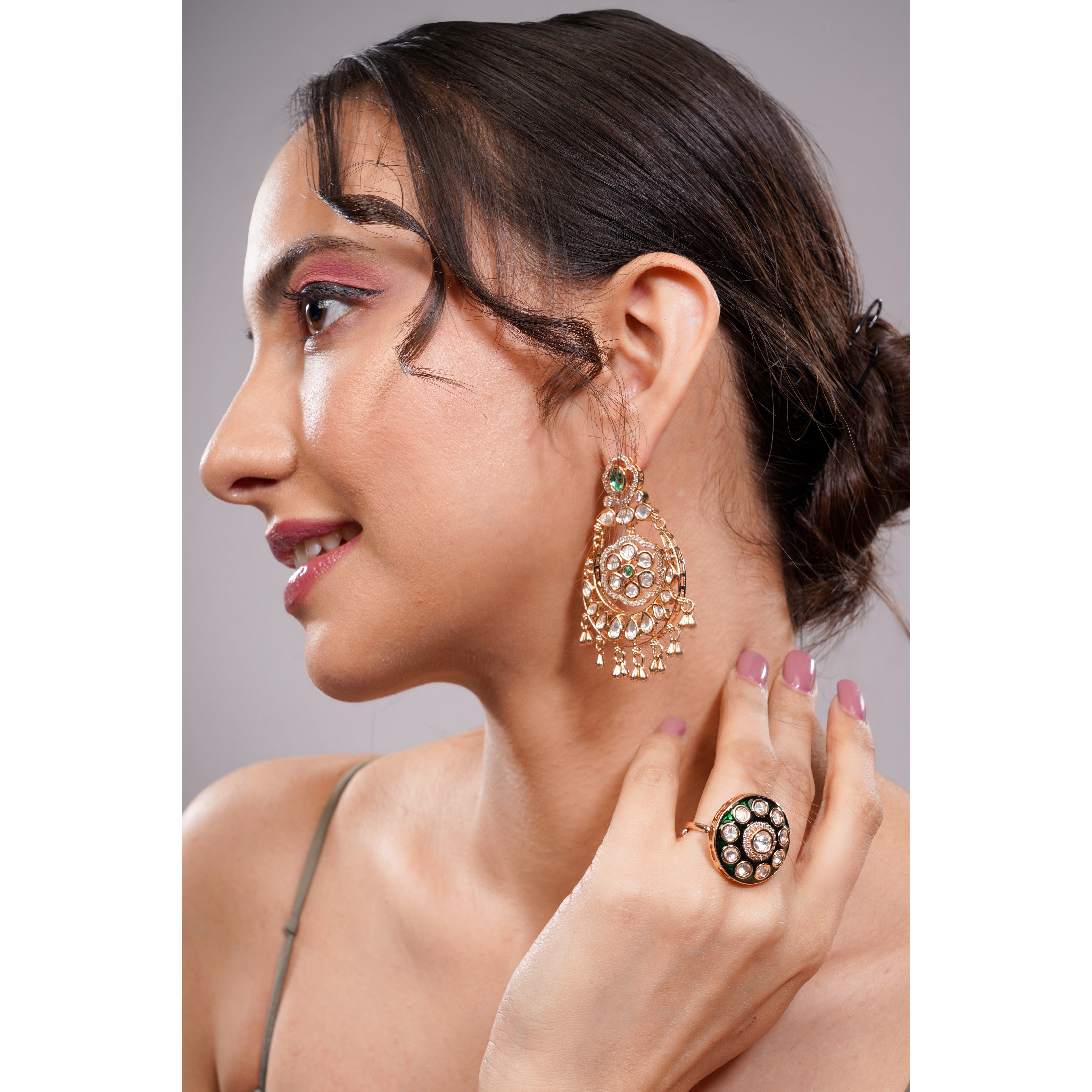 Amaita Gold Finish Polki Kundan Green Enamel Dome Cocktail Ring