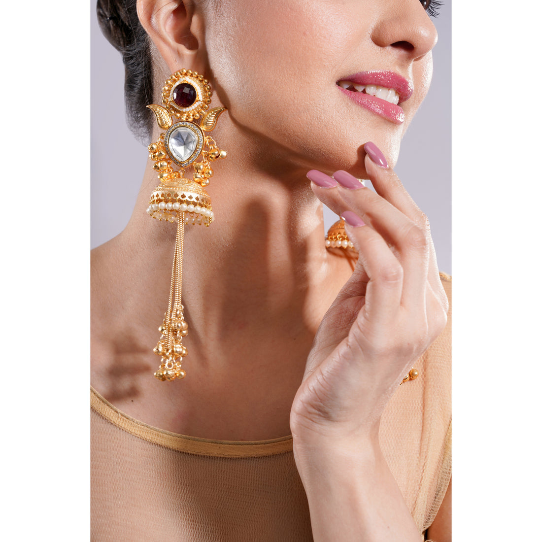 Amaita Traditional Gold Polish Maroon Stone Kashmiri Jhumka Earrings