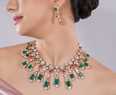 Amaita AD Polki Emerald Rose Gold Statement Necklace Set