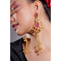 Amaita Kashmiri Pink Stone Long Dangling Earrings