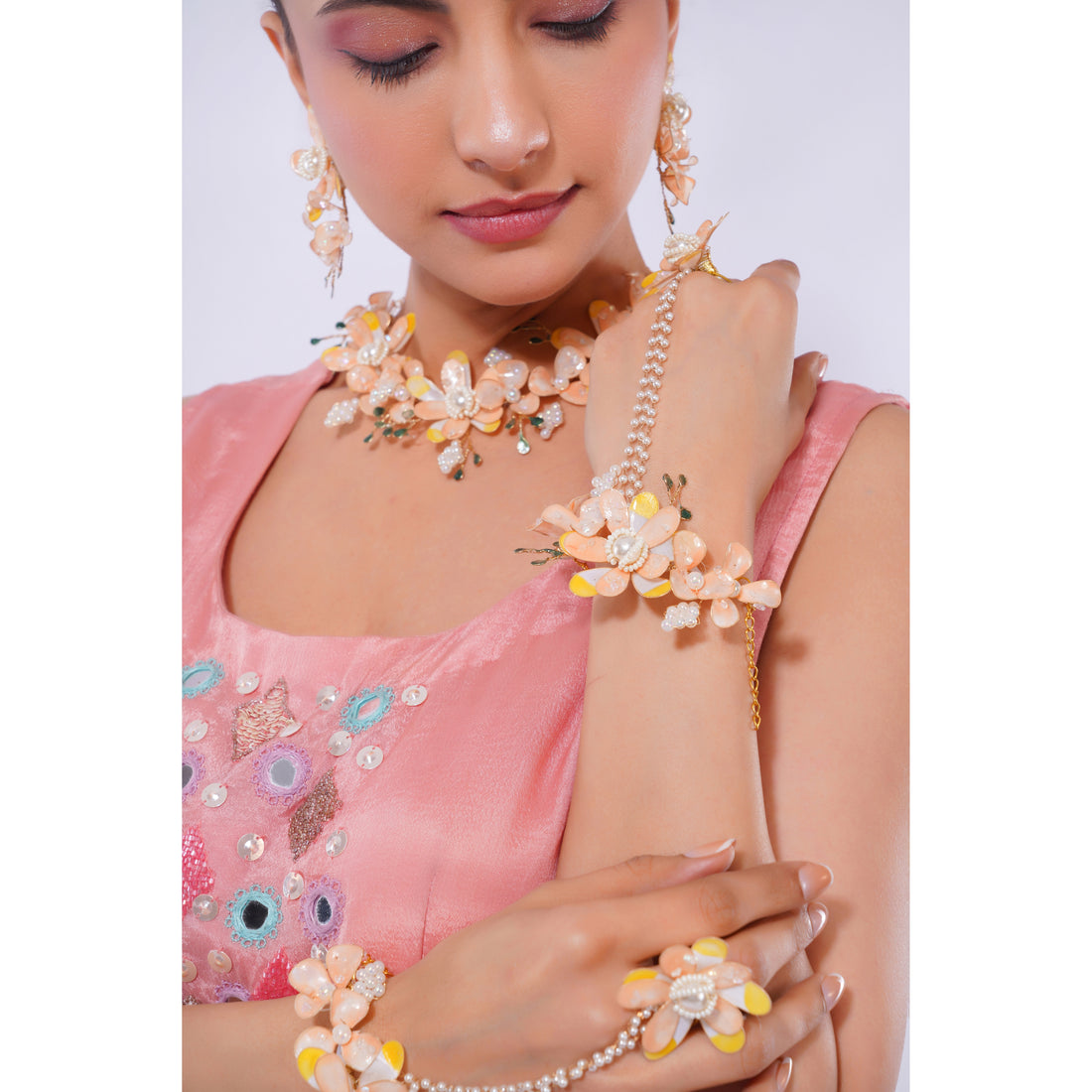Amaita Demi Fine Peach Floral Enamel Statement Jewellery Set with Hand Harness