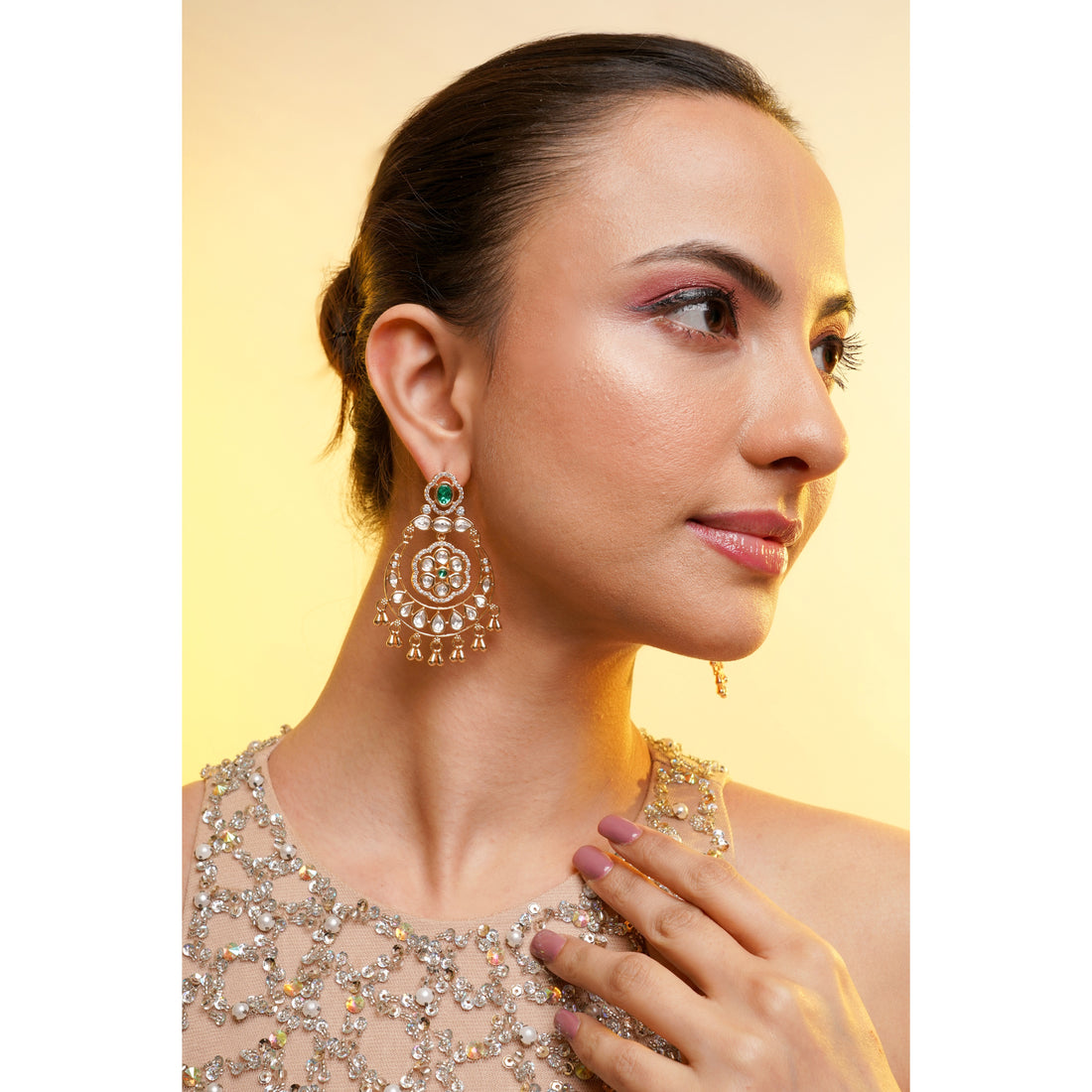 Amaita Gold Polki Emerald Chandbali Earrings