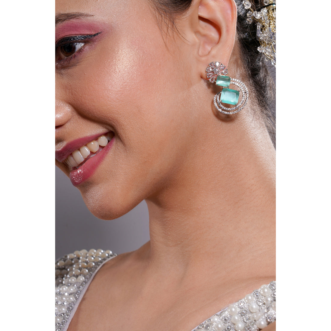 Amaita American Diamond Mint Green Oval Drop Earrings