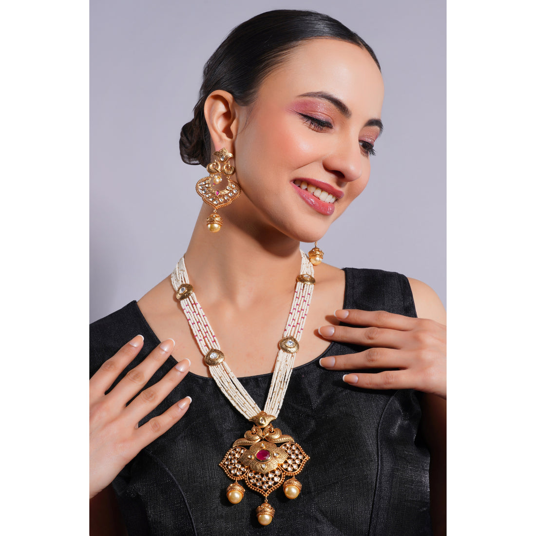 Amaita Demi Fine Ethnic Polki Kundan Multi Strand Pearl Ruby Pendant Necklace Set