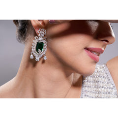 Amaita Silver Tone AD Deep Emerald Shield Drop Earrings