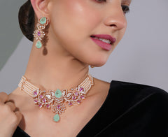 Amaita Gold Finish Polki Kundan Emerald Choker Necklace