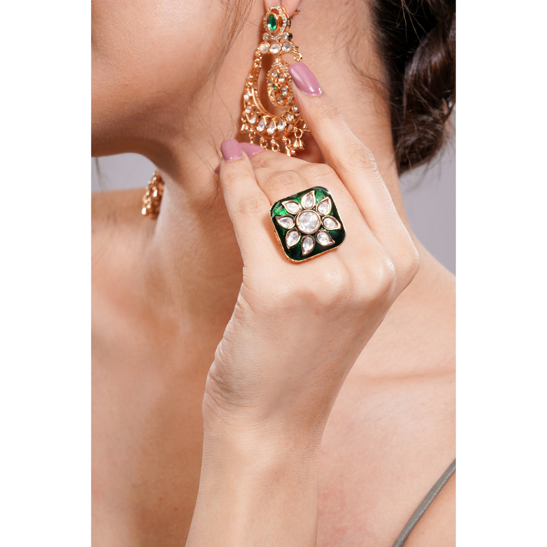 Amaita Traditional Polki Stone Green Meenakari Square Dome Ring