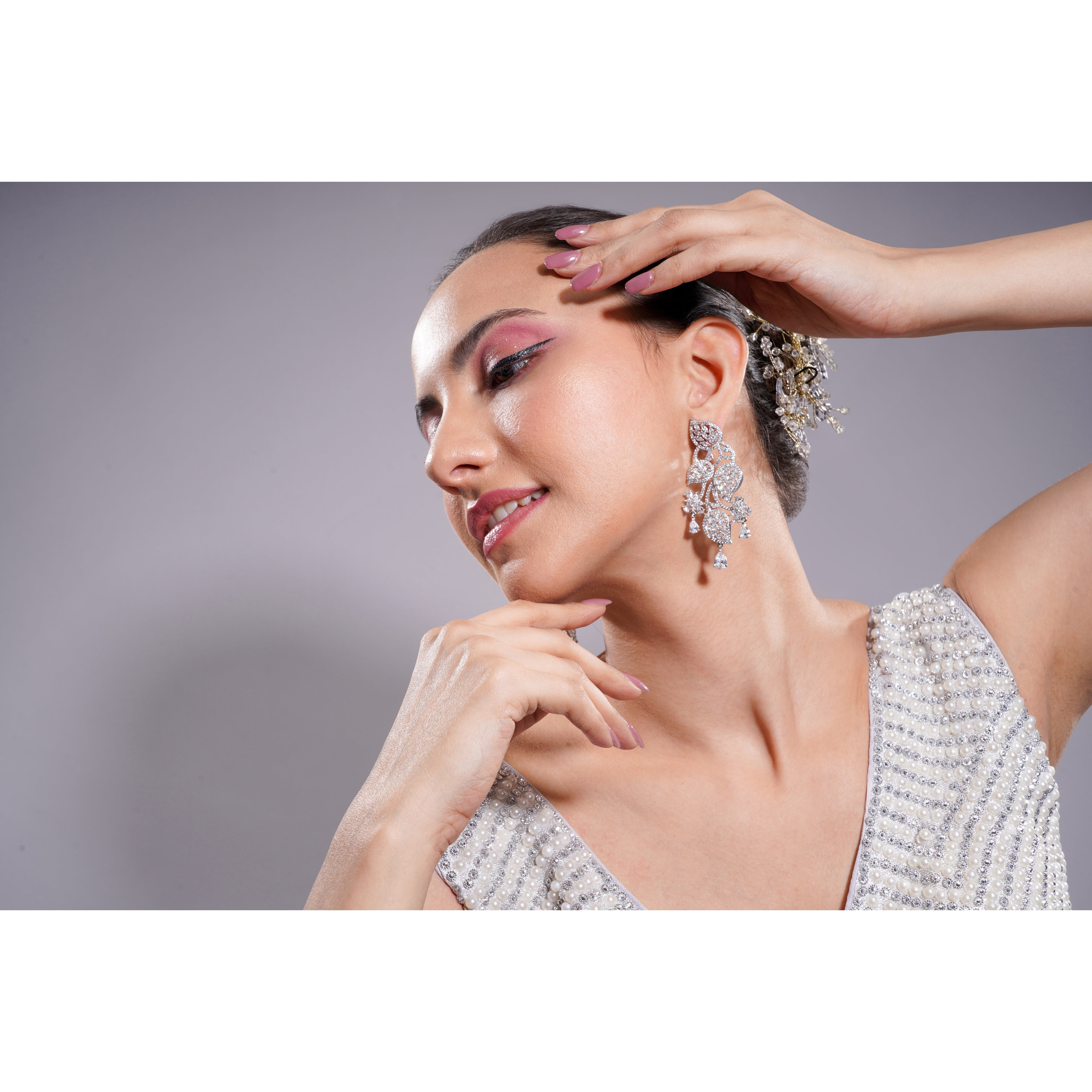 Amaita American Diamond Floral Leaf Chandelier Earrings