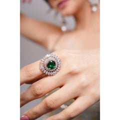 Amaita Platinum Polish AD Deep Emerald Round Stone Sunburst Cocktail Ring