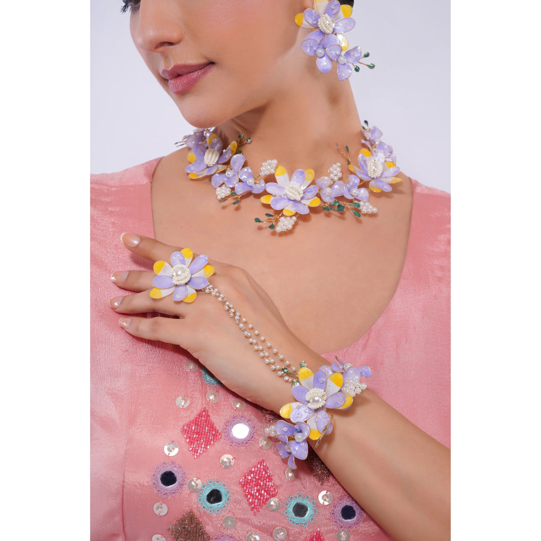 Amaita Demi Fine Lavender Enamel Floral Necklace Earring Hand Harness Set