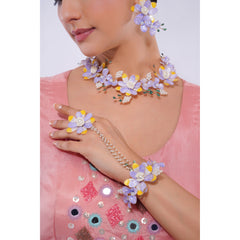 Amaita Demi Fine Lavender Enamel Floral Necklace Earring Hand Harness Set