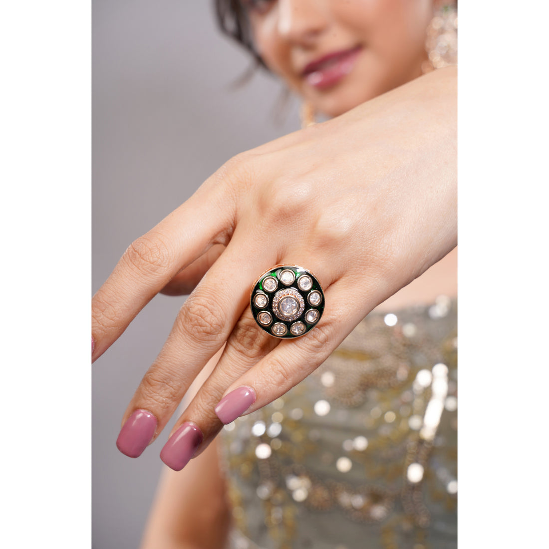 Amaita Gold Finish Polki Kundan Green Enamel Dome Cocktail Ring